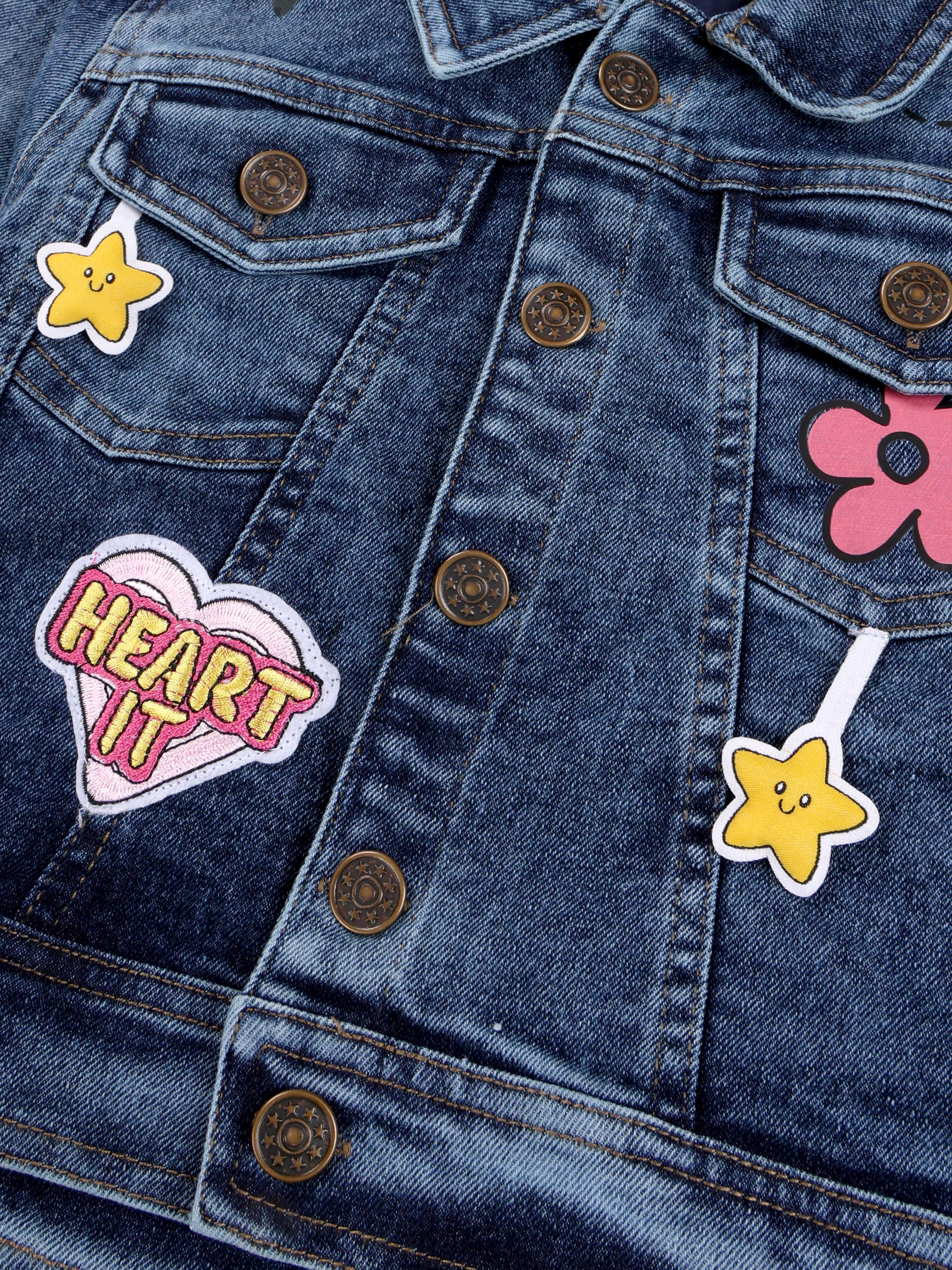 Kiddopanti Girls Crop Denim Jacket With Multi Badge