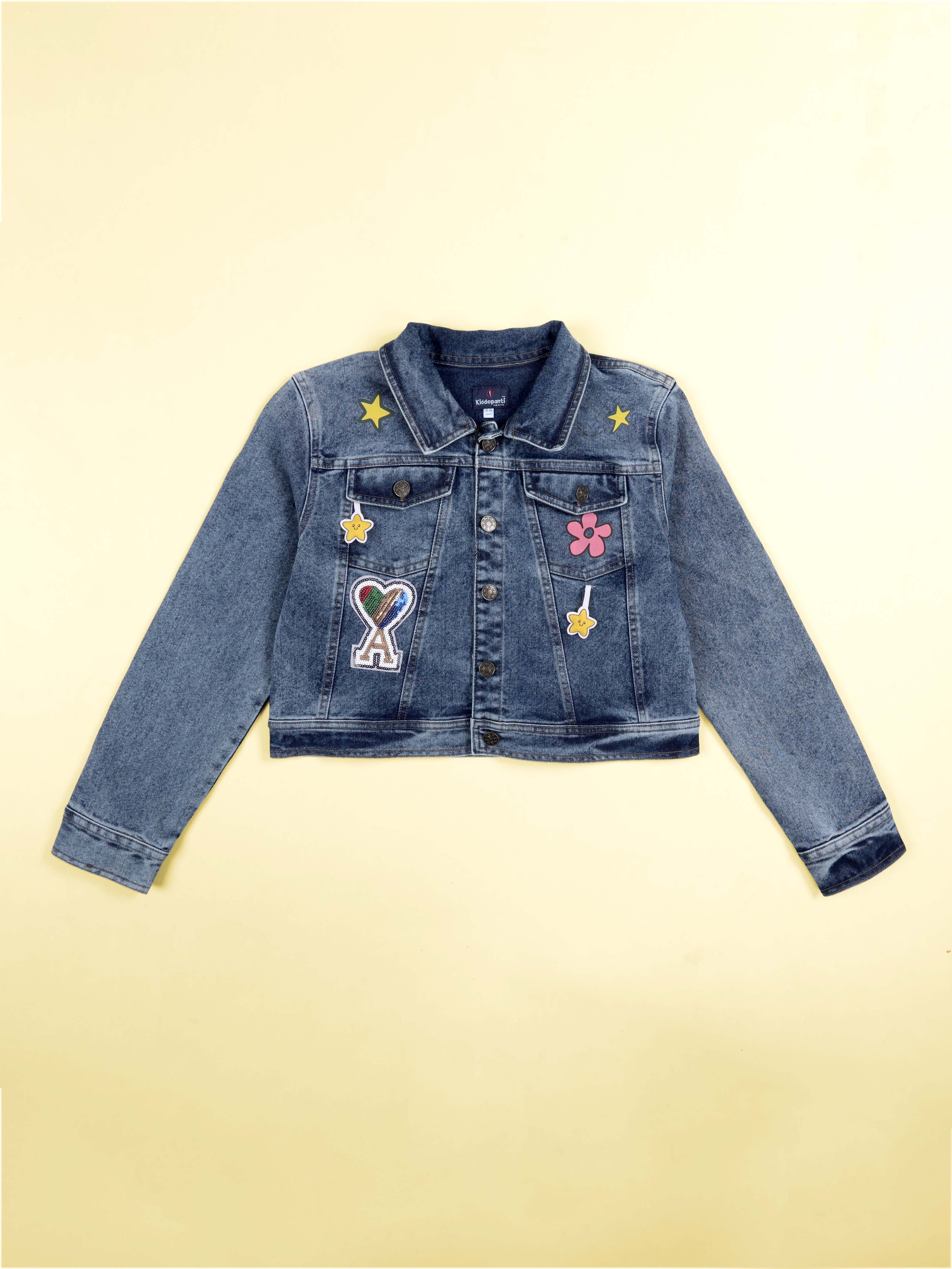 Kiddopanti Girls Denim Woven Multi Star Printed and Badges Crop Jacket