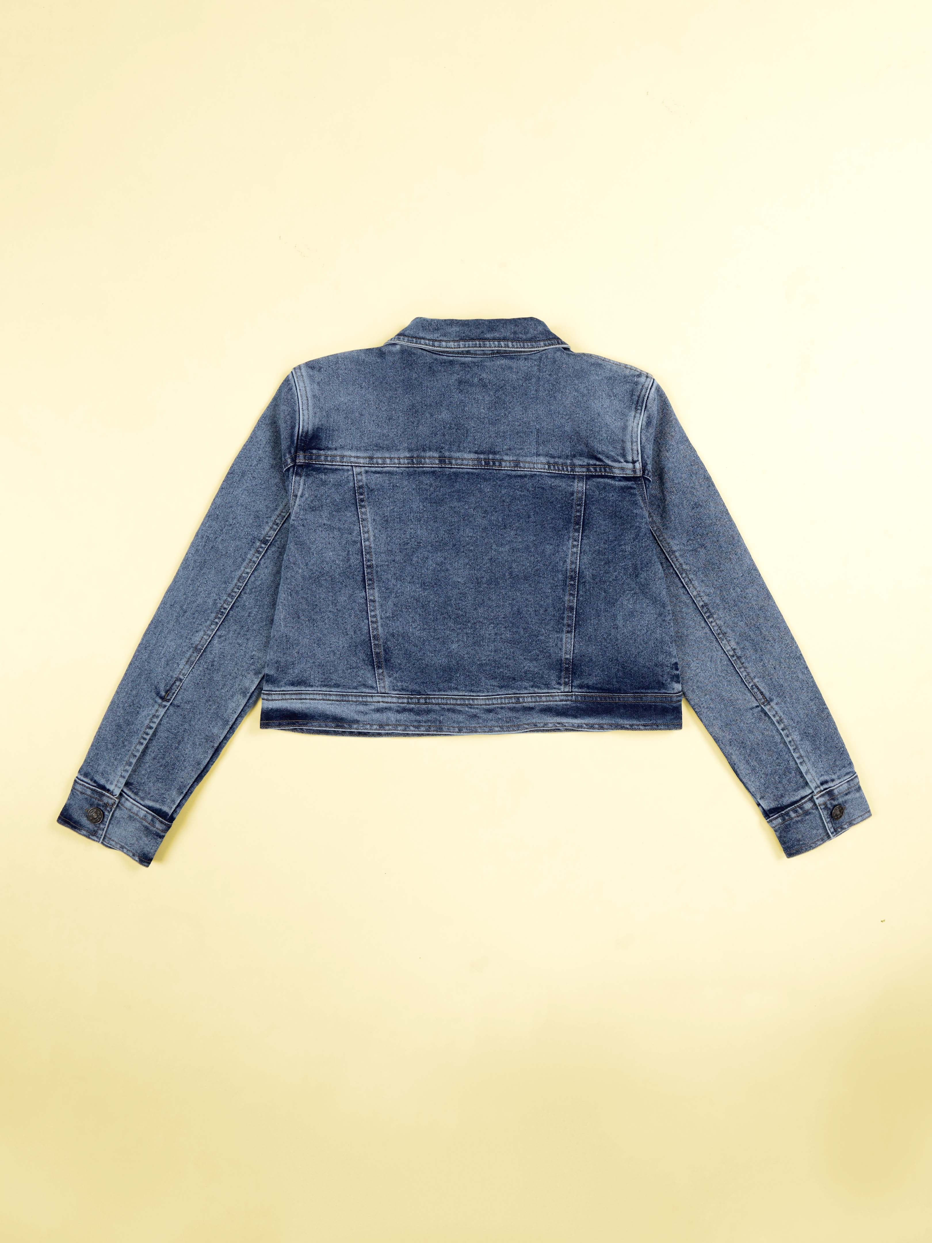 Kiddopanti Girls Denim Woven Multi Star Printed and Badges Crop Jacket