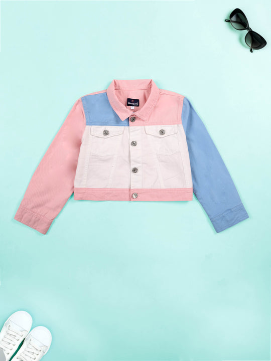 Girls Cotton Crop Length Color Block Jacket Casual Wear with Front Pockets