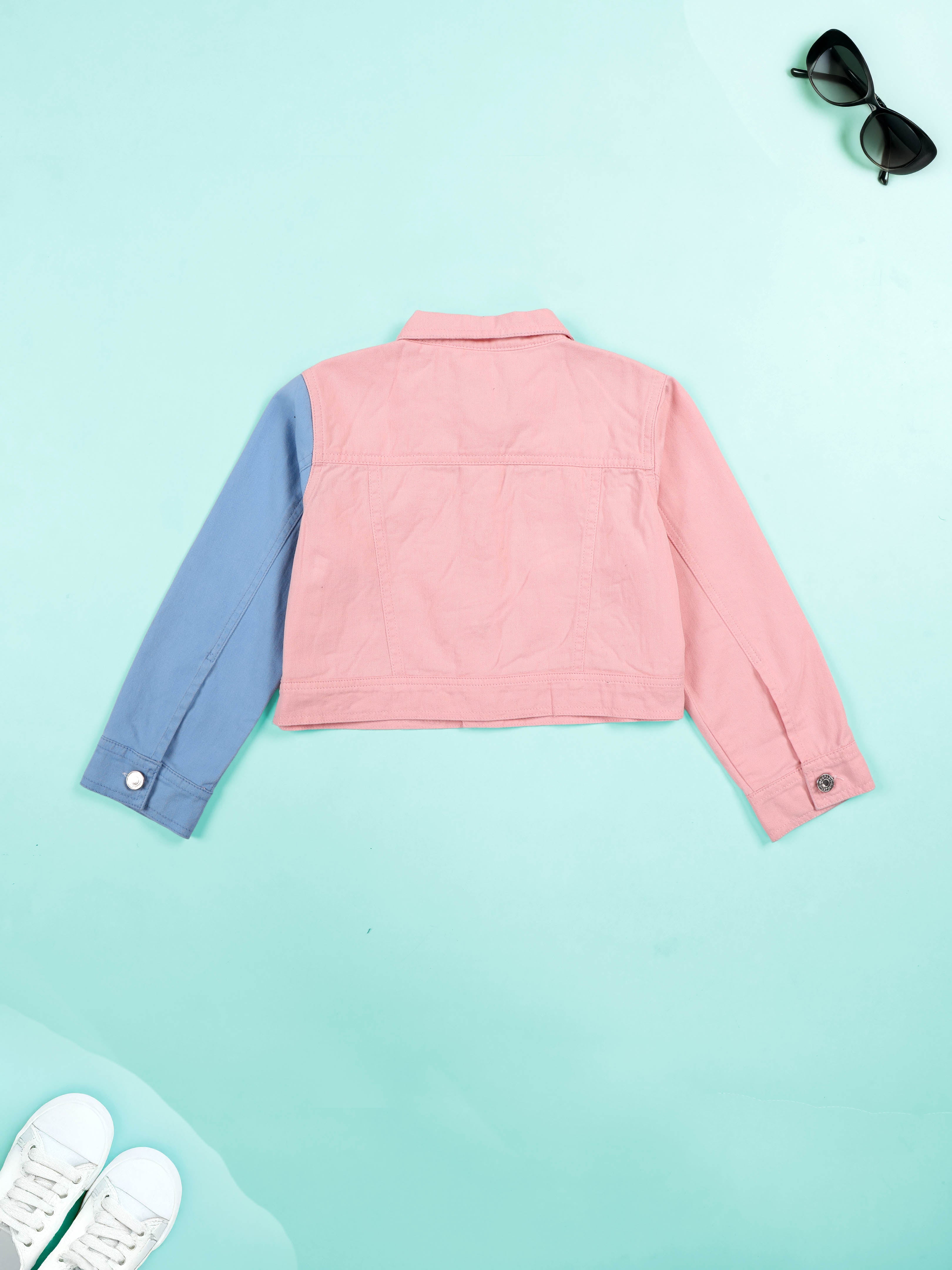 Girls Cotton Crop Length Color Block Jacket Casual Wear with Front Pockets