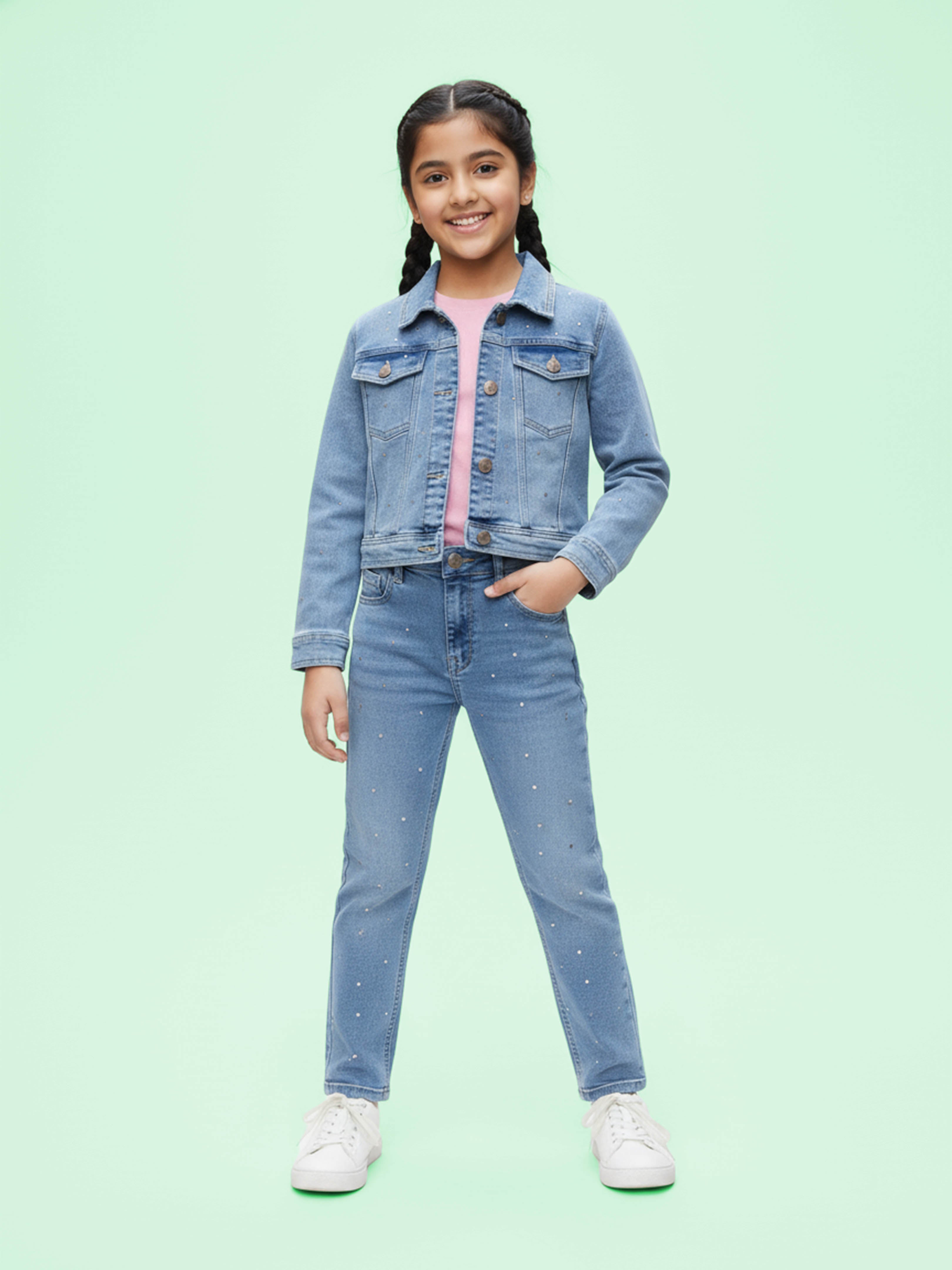Kiddopanti Girls Crop Denim Jacket And Solid Crop Tee With Rhinestones Solid Straight Fit Regular Waistband Jeans Sets