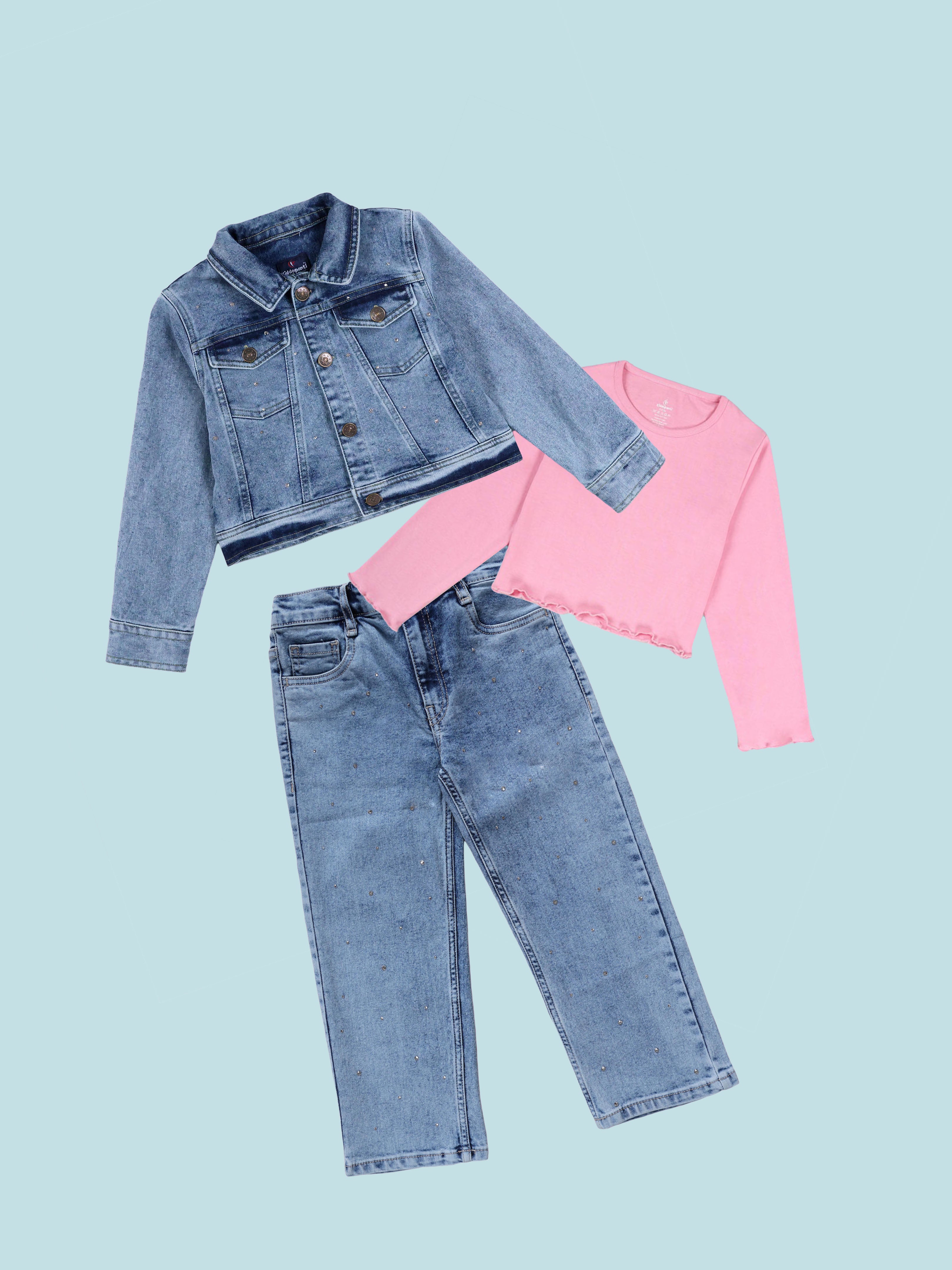 Kiddopanti Girls Crop Denim Jacket And Solid Crop Tee With Rhinestones Solid Straight Fit Elasticated Waistband Jeans Sets