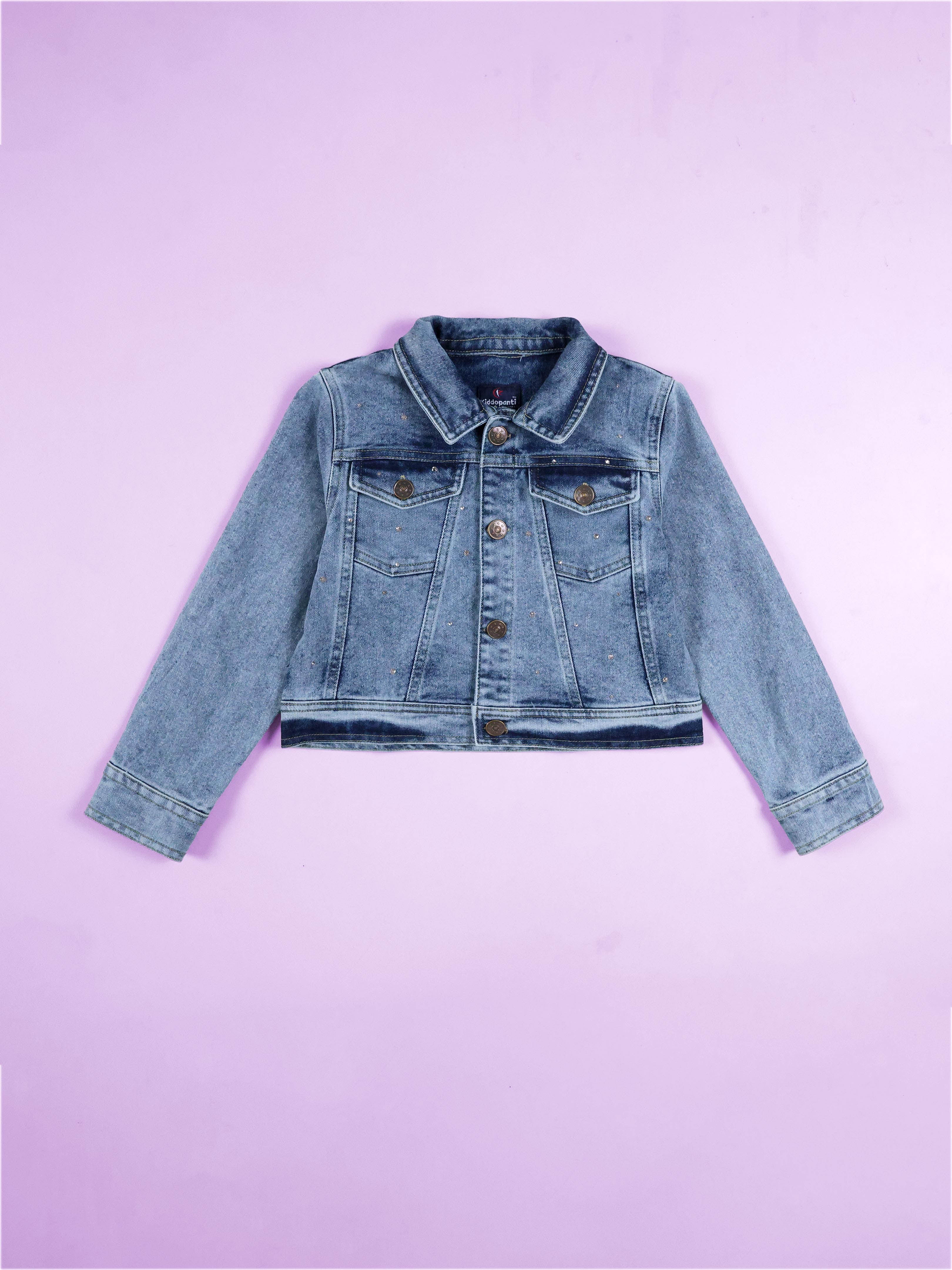 Kiddopanti Girls Crop Denim Jacket And Solid Crop Tee With Rhinestones Solid Straight Fit Elasticated Waistband Jeans Sets