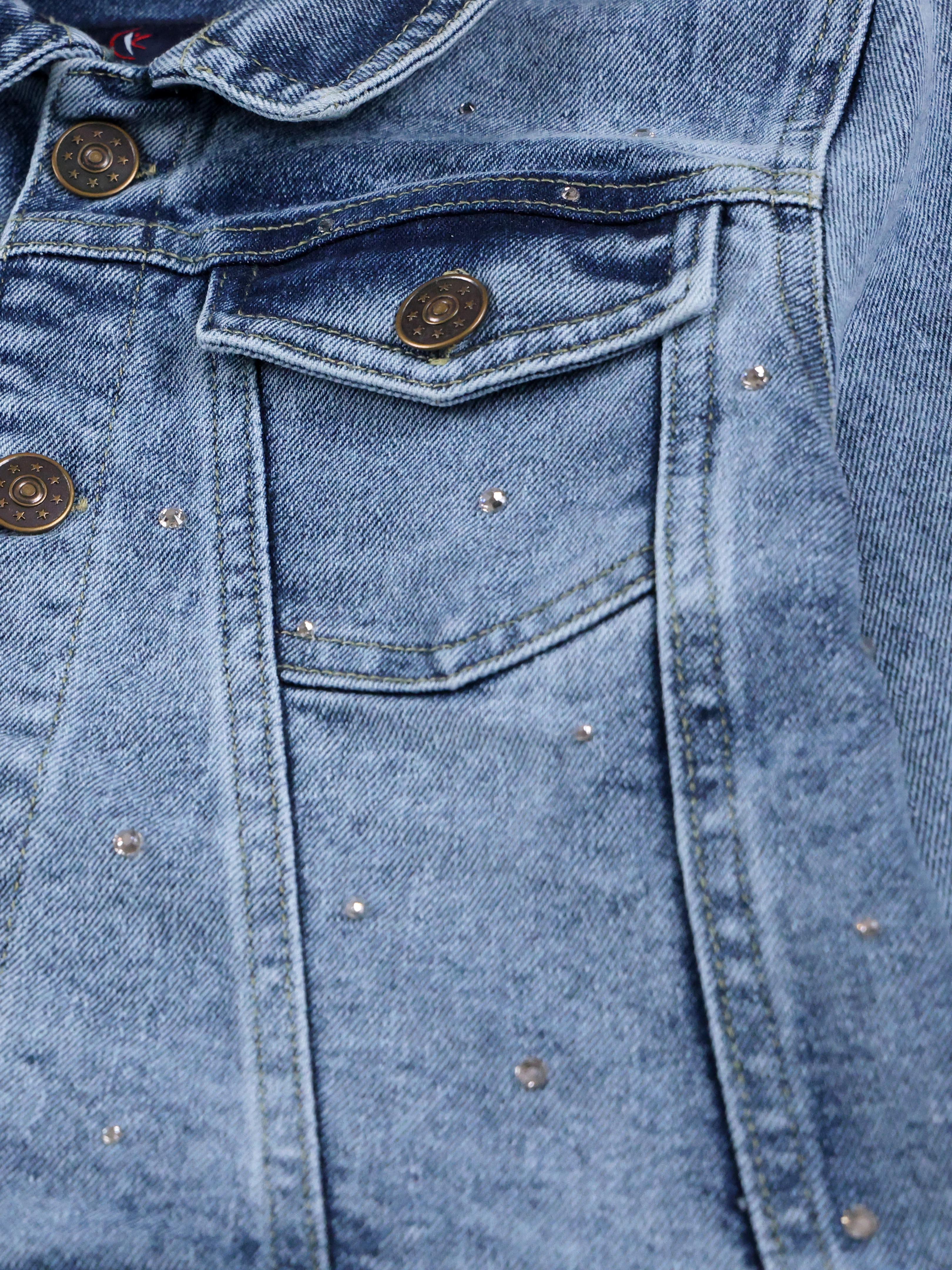 Kiddopanti Girls Crop Denim Jacket And Solid Crop Tee With Rhinestones Solid Straight Fit Regular Waistband Jeans Sets