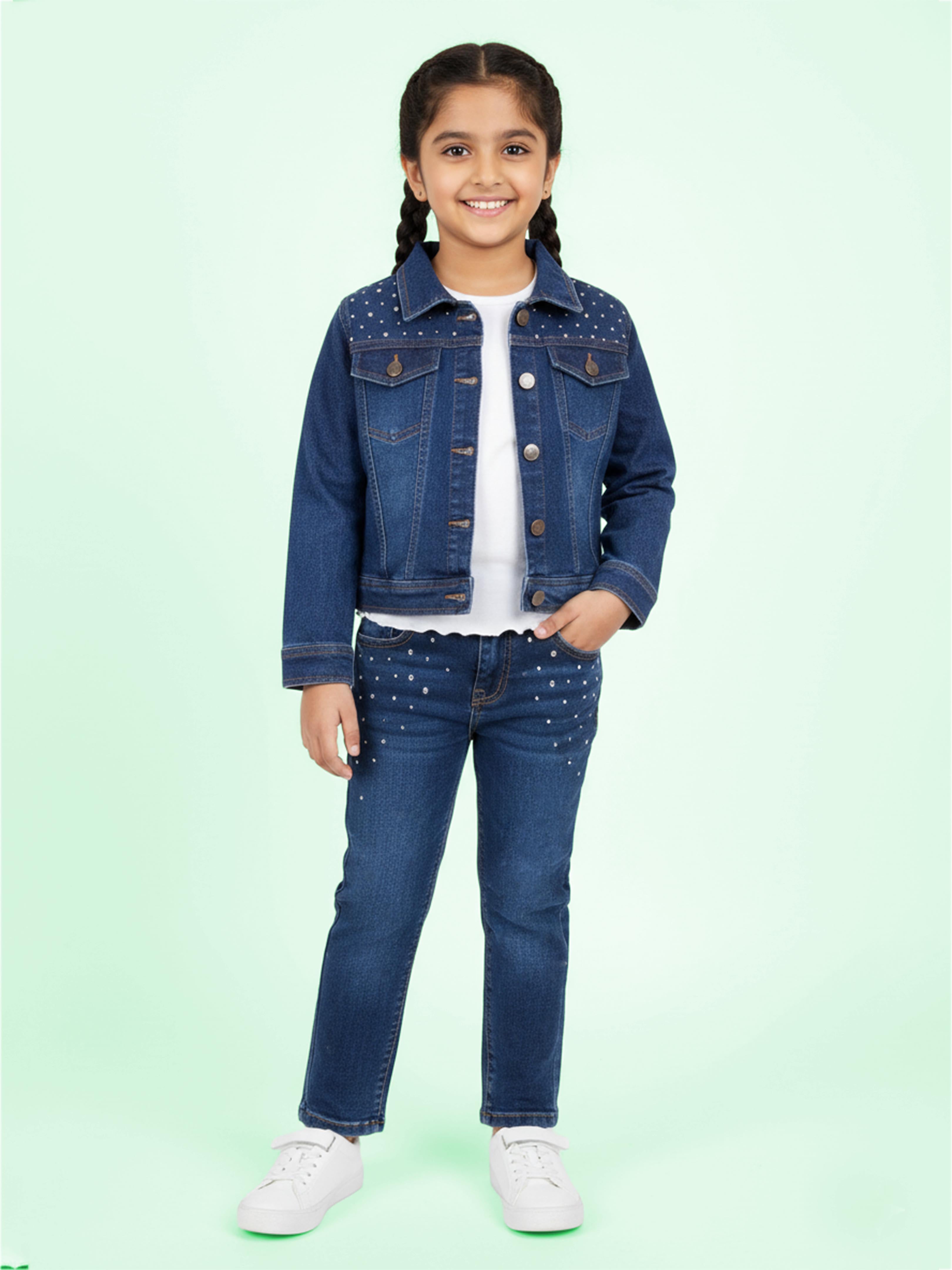 Kiddopanti Girls Crop Denim Jacket And Solid Crop Tee With Rhinestones Solid Straight Fit Elasticated Waistband Jeans Sets