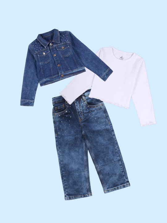 Kiddopanti Girls Crop Denim Jacket And Solid Crop Tee With Rhinestones Solid Straight Fit Elasticated Waistband Jeans Sets