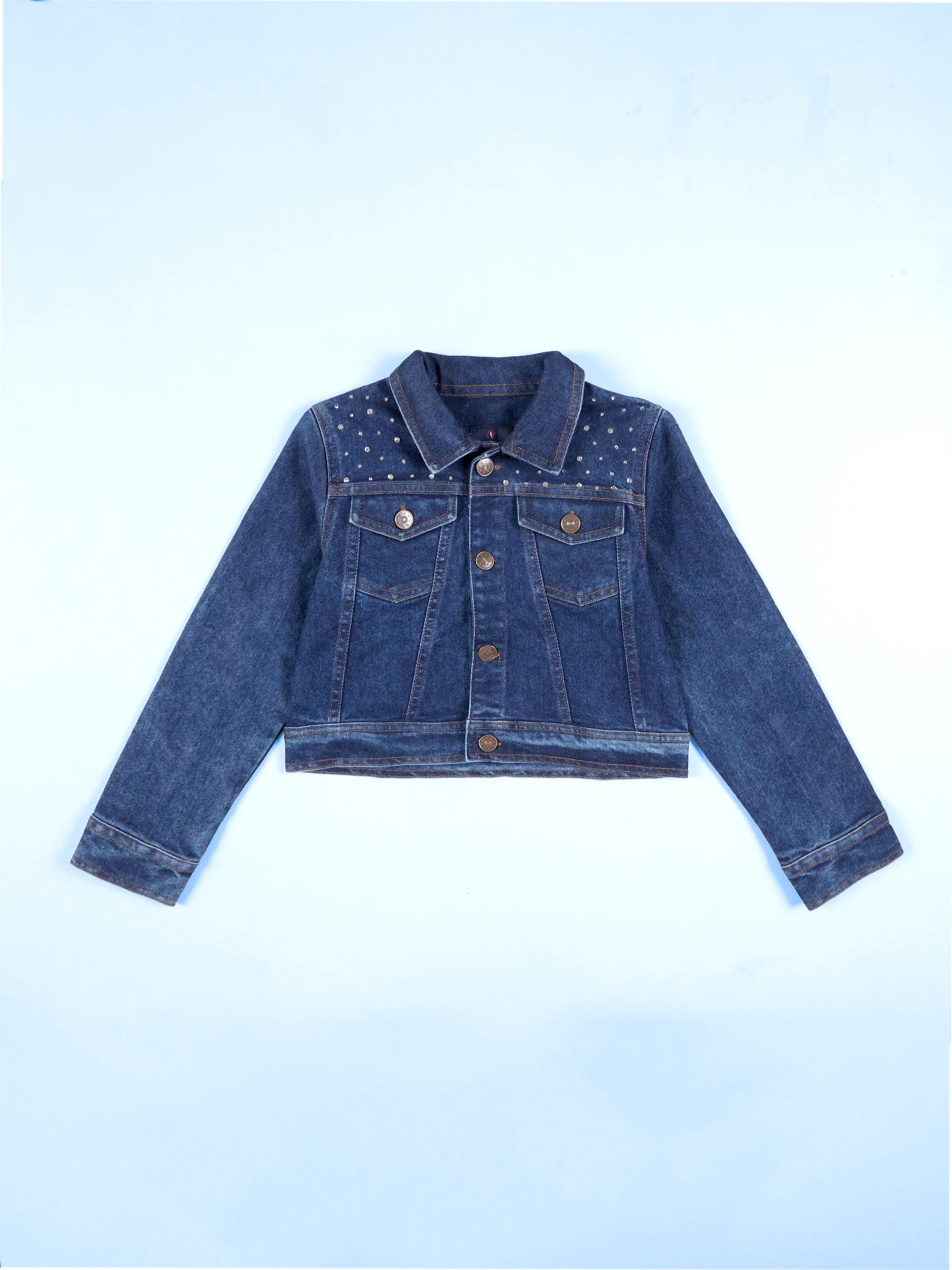 Kiddopanti Girls Crop Denim Jacket And Solid Crop Tee With Rhinestones Solid Straight Fit Elasticated Waistband Jeans Sets