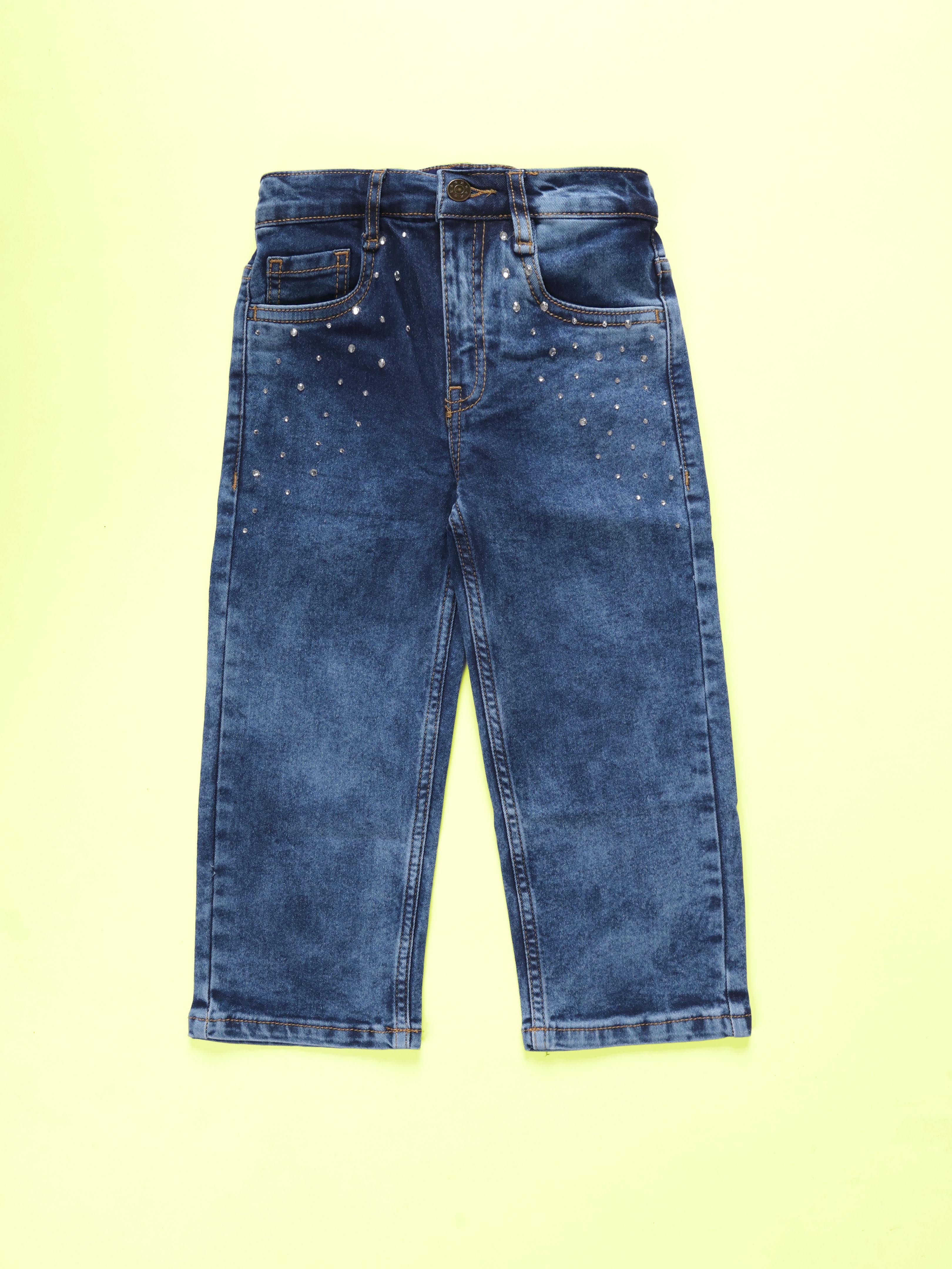 Kiddopanti Girls Crop Denim Jacket And Solid Crop Tee With Rhinestones Solid Straight Fit Regular Waistband Jeans Sets