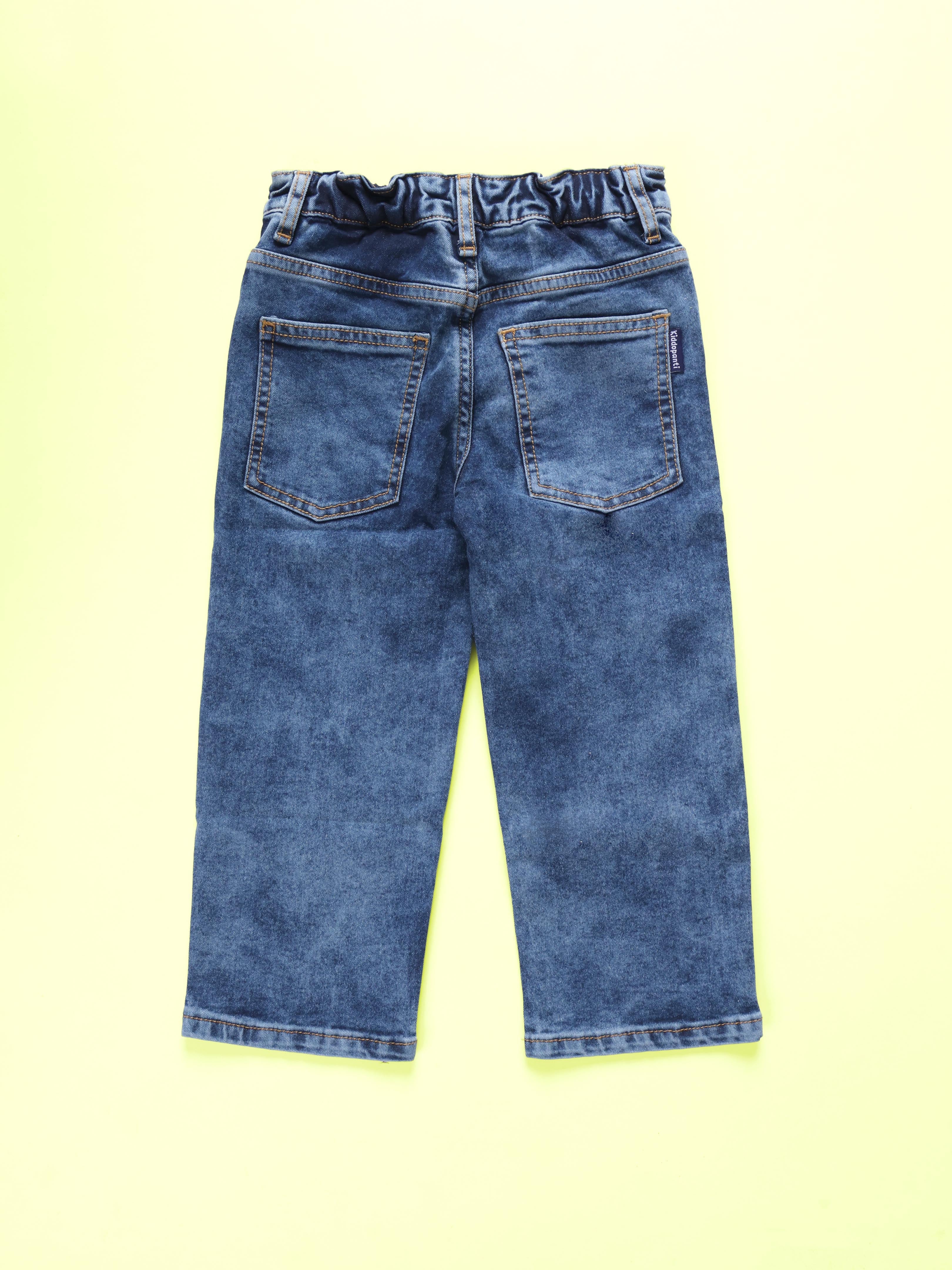 Kiddopanti Girls Crop Denim Jacket And Solid Crop Tee With Rhinestones Solid Straight Fit Elasticated Waistband Jeans Sets