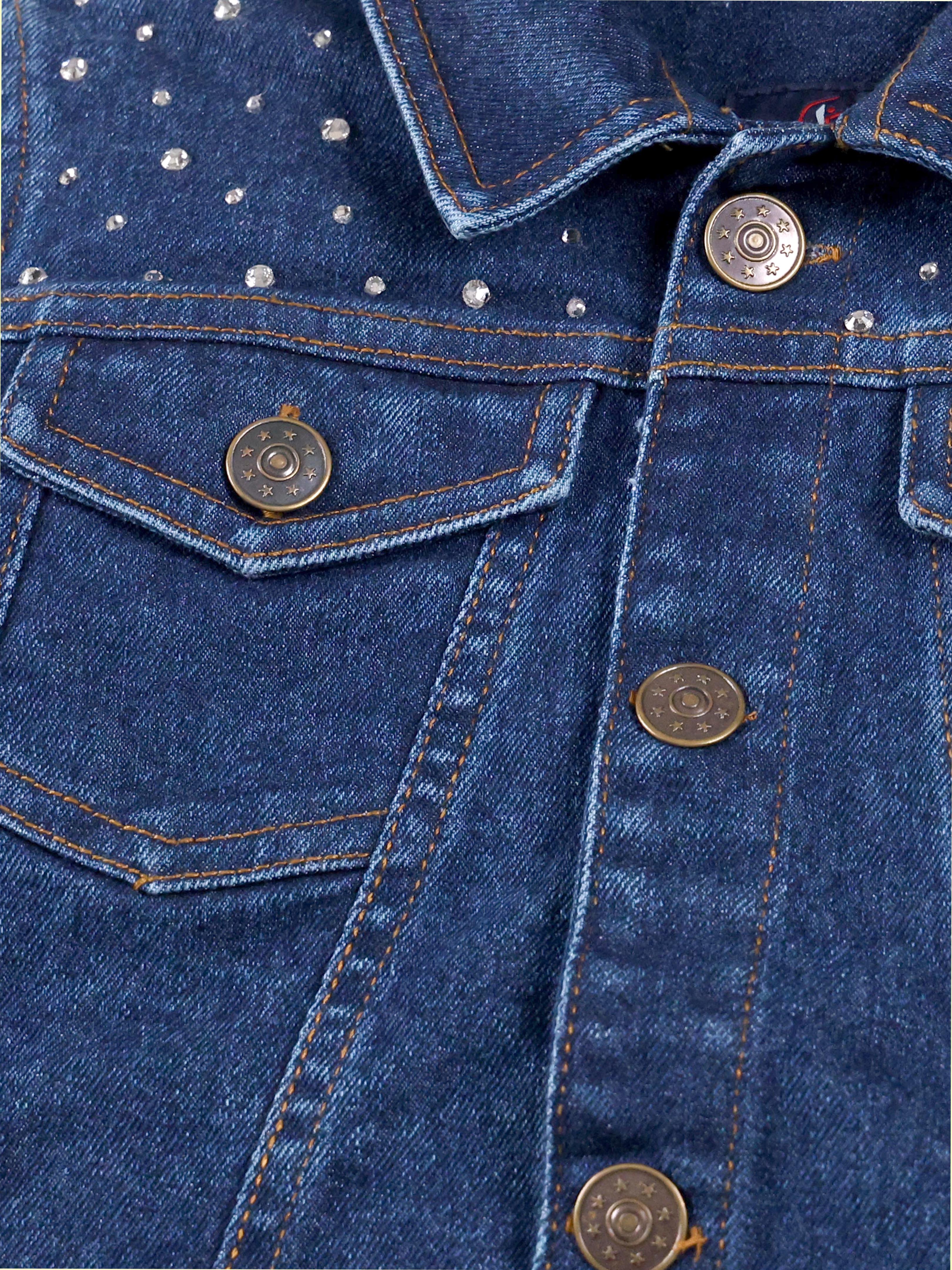 Kiddopanti Girls Crop Denim Jacket And Solid Crop Tee With Rhinestones Solid Straight Fit Regular Waistband Jeans Sets