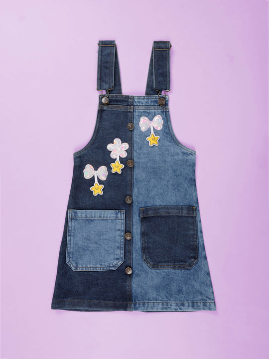 Kiddopanti Girls Denim Dungaree Skirt with Appliques