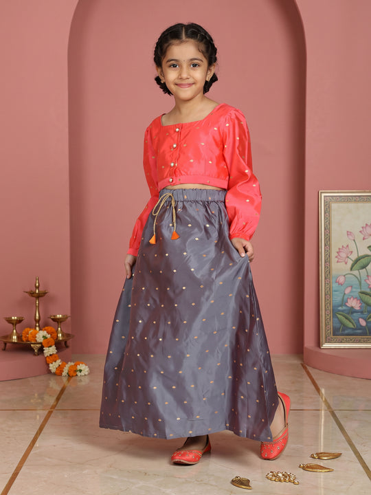 Kiddopanti Girls Polyester Woven Gold foil Printed Ghagra Choli Ethnic Set
