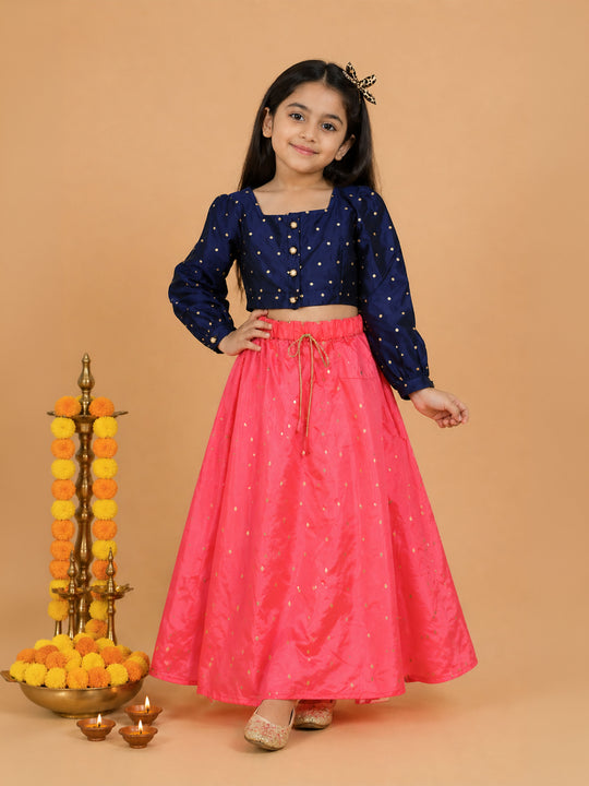 Kiddopanti Girls Polyester Woven Gold foil Printed Ghagra Choli Ethnic Set