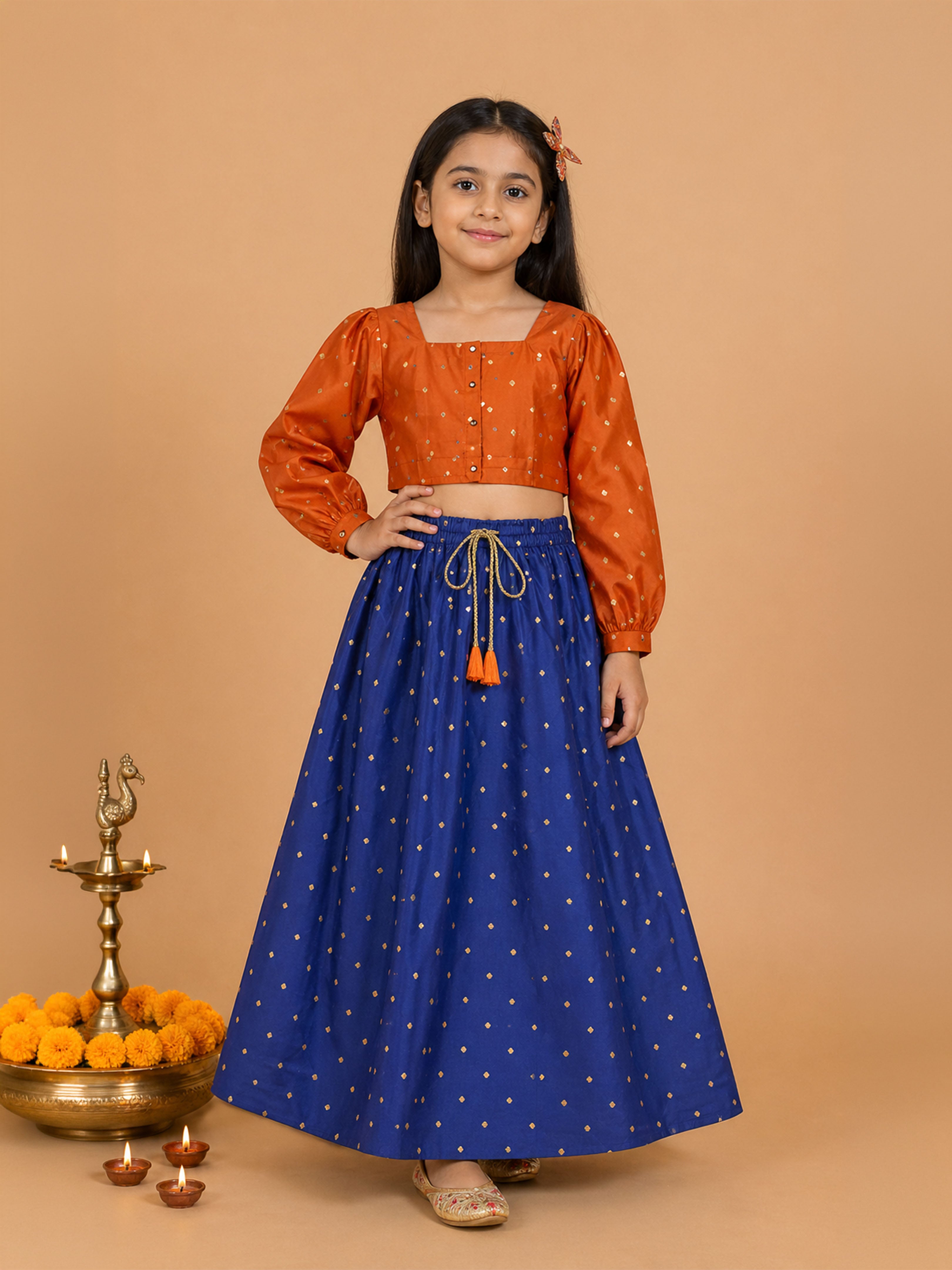 Kiddopanti Girls Polyester Woven Gold foil Printed Ghagra Choli Ethnic Set