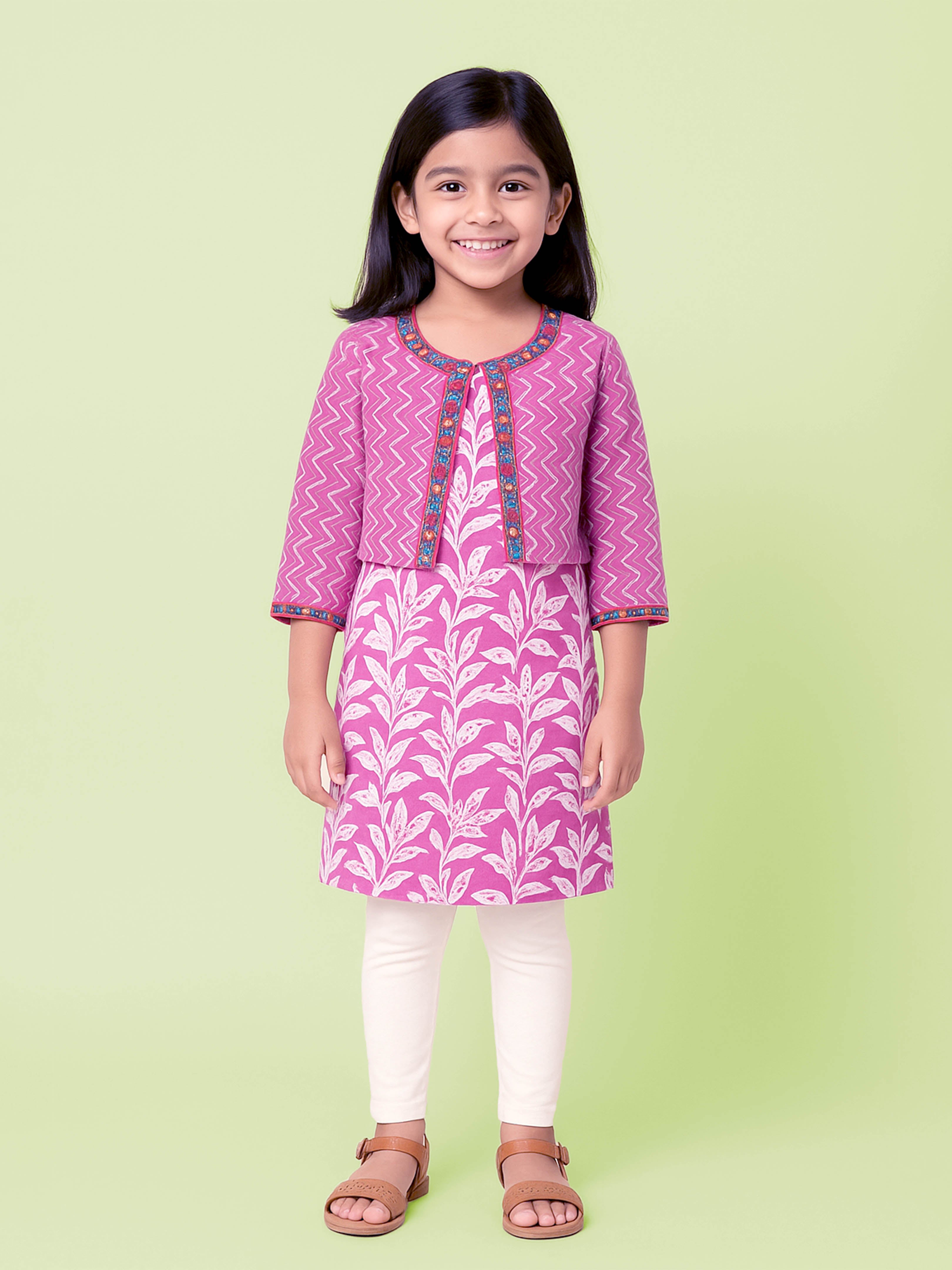 KiddoPanti Girls Cotton Woven Sleeveless Floral Printed Kurta with Matching Koti & Cotton Knit Solid Legging Set