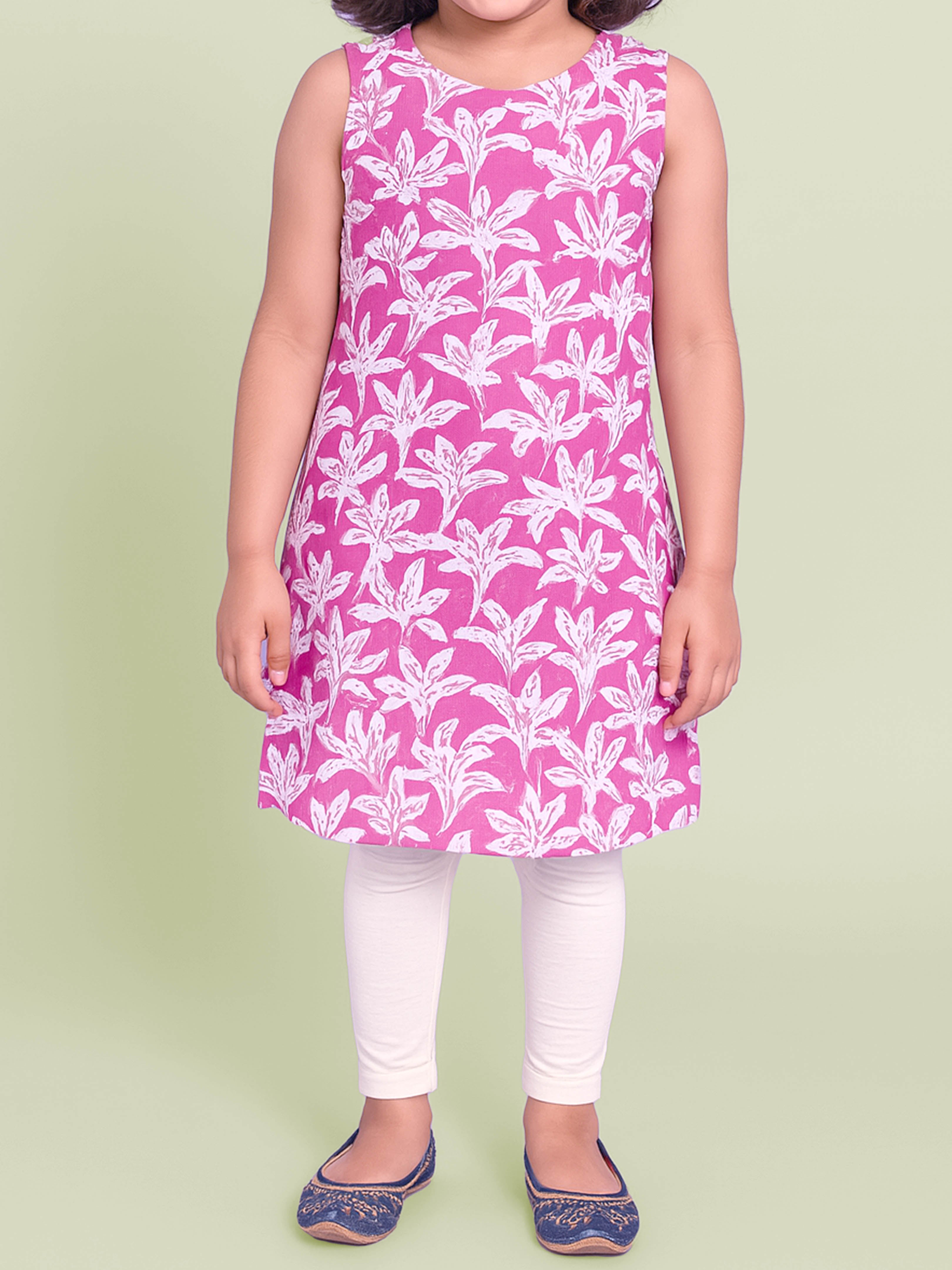 KiddoPanti Girls Cotton Woven Sleeveless Floral Printed Kurta with Matching Koti & Cotton Knit Solid Legging Set