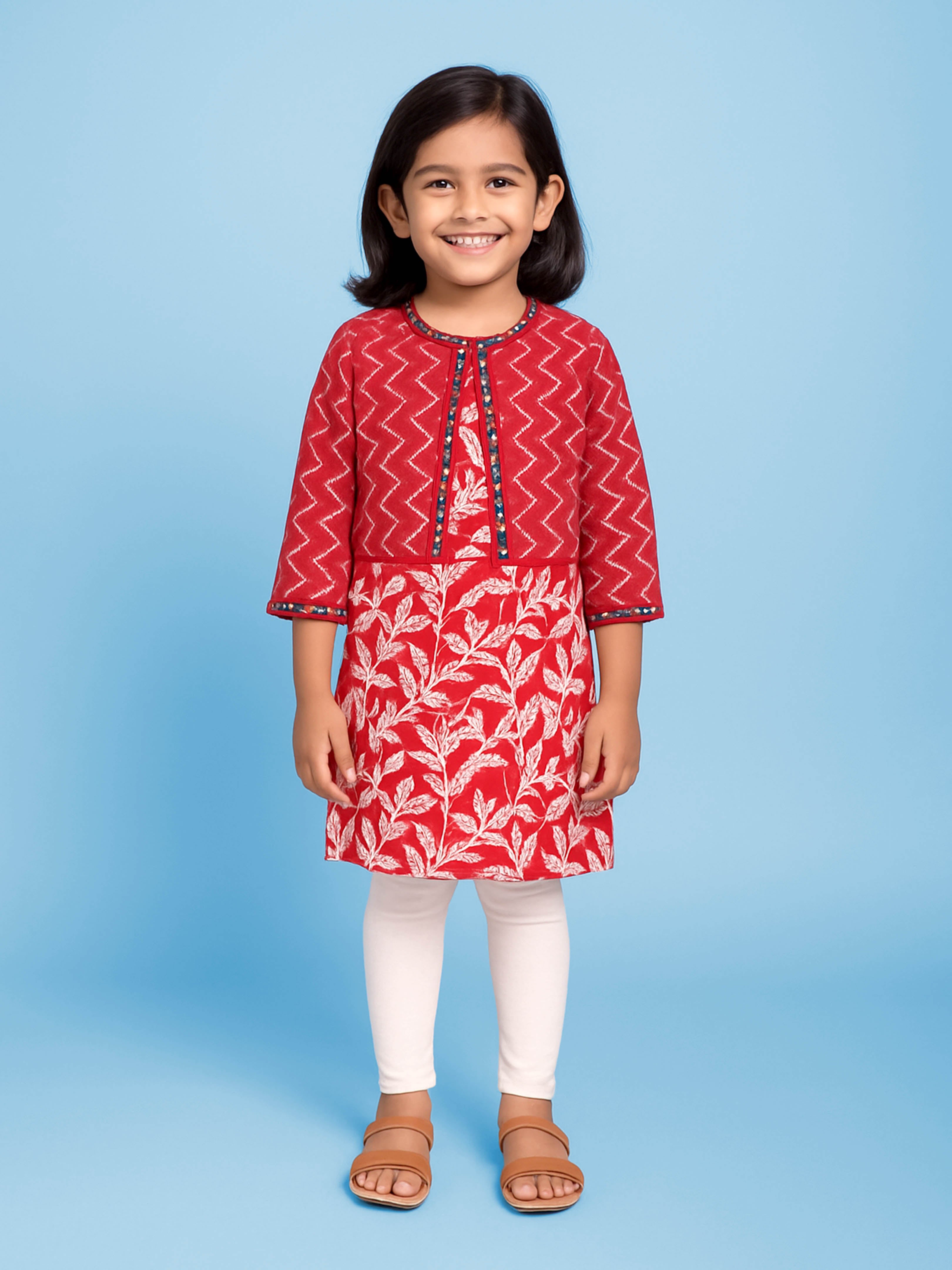 KiddoPanti Girls Cotton Woven Sleeveless Floral Printed Kurta with Matching Koti & Cotton Knit Solid Legging Set