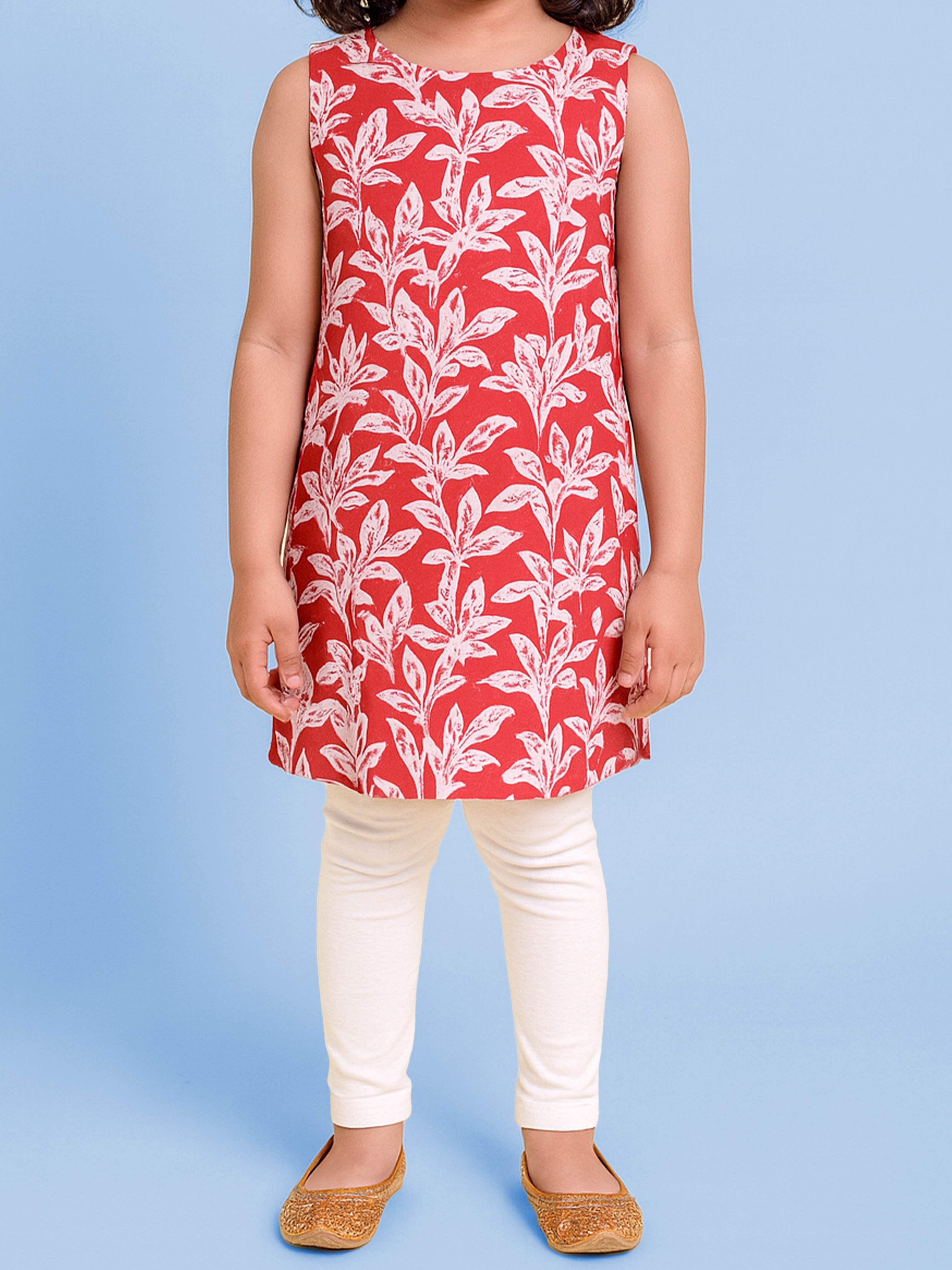 KiddoPanti Girls Cotton Woven Sleeveless Floral Printed Kurta with Matching Koti & Cotton Knit Solid Legging Set