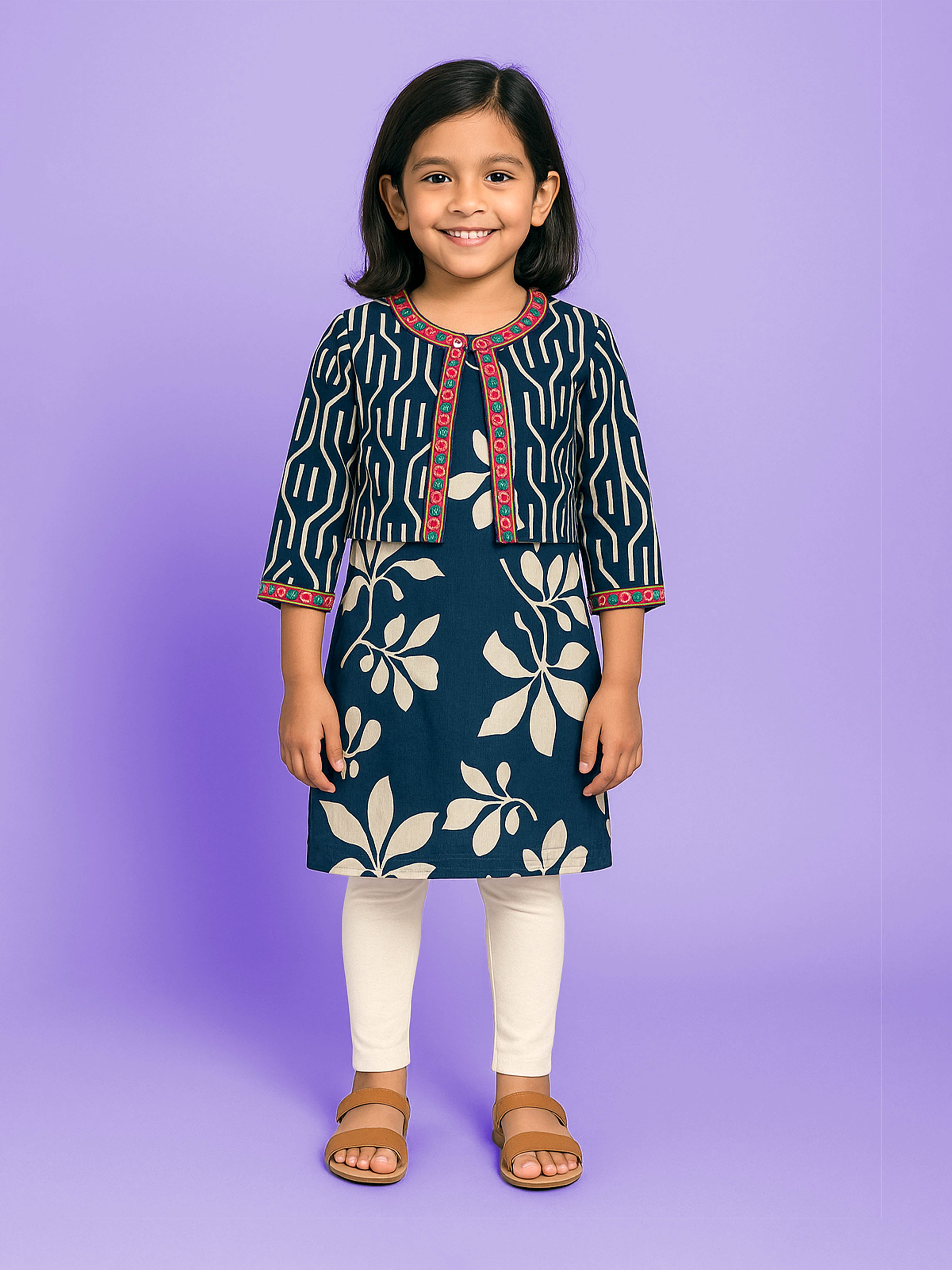 KiddoPanti Girls Cotton Woven Sleeveless Floral Printed Kurta with Matching Koti & Cotton Knit Solid Legging Set