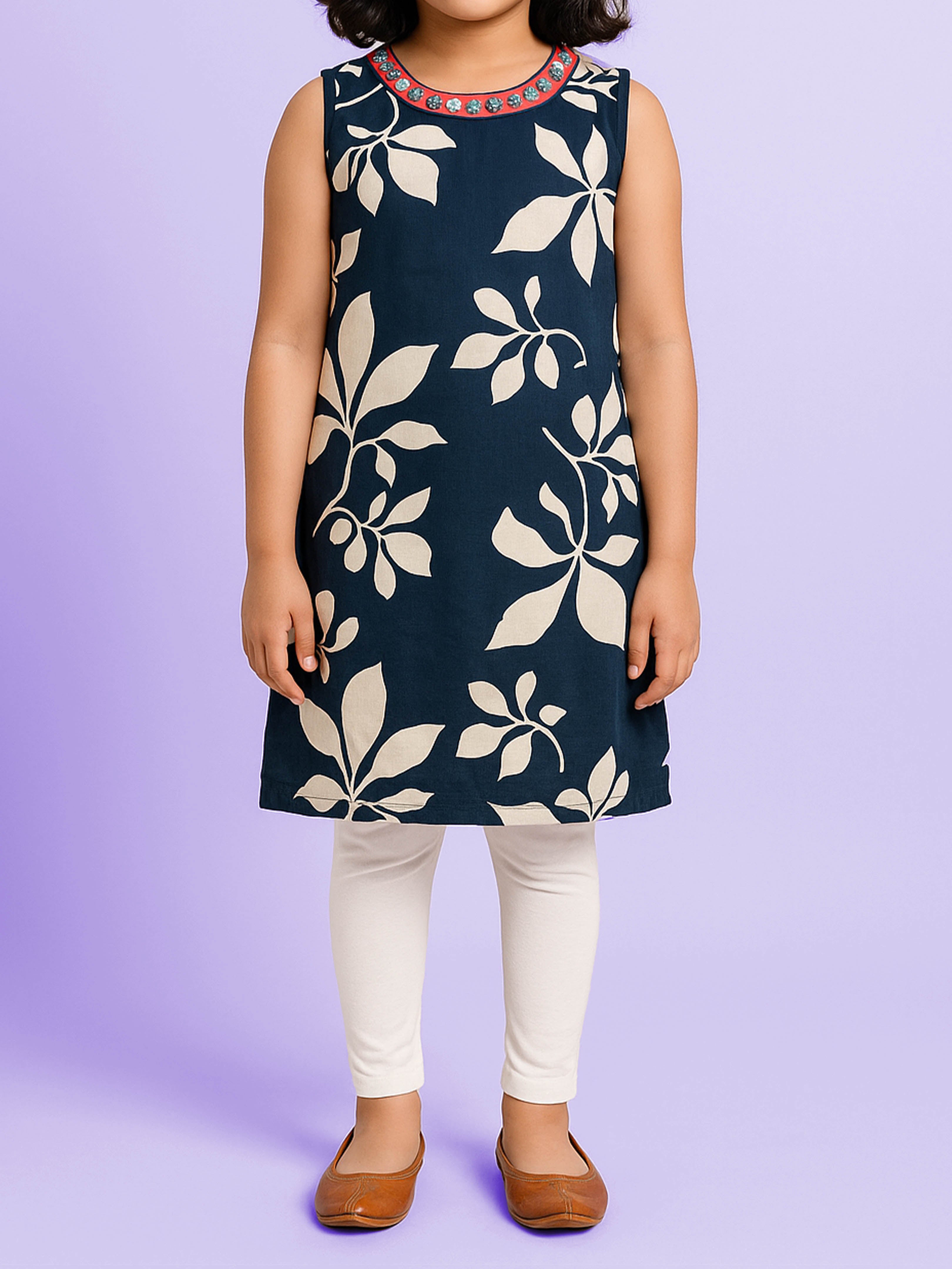 KiddoPanti Girls Cotton Woven Sleeveless Floral Printed Kurta with Matching Koti & Cotton Knit Solid Legging Set