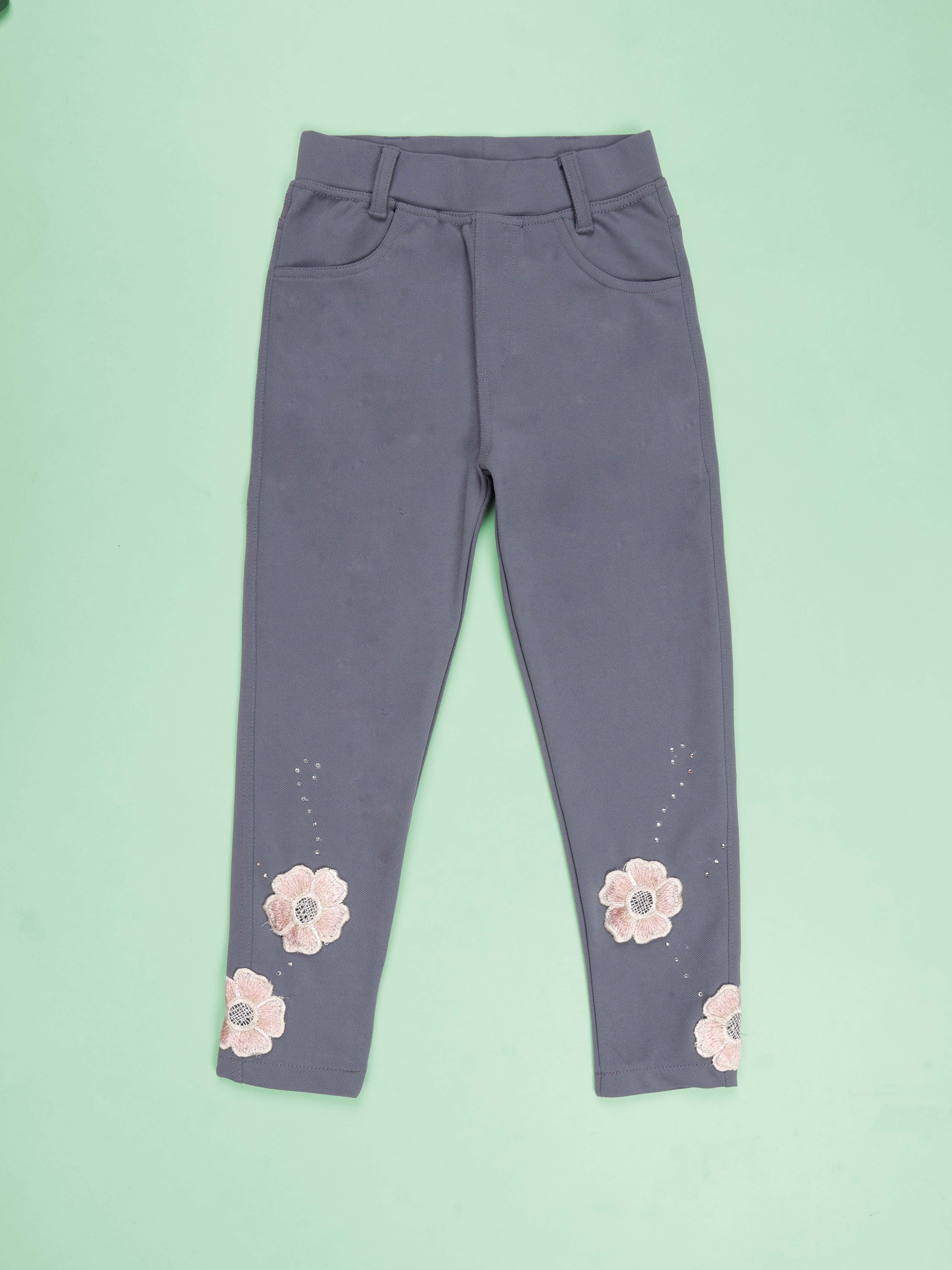 Kiddopanti Polyester Spandex Stones and Flower Appliques Twill Jegging Pant