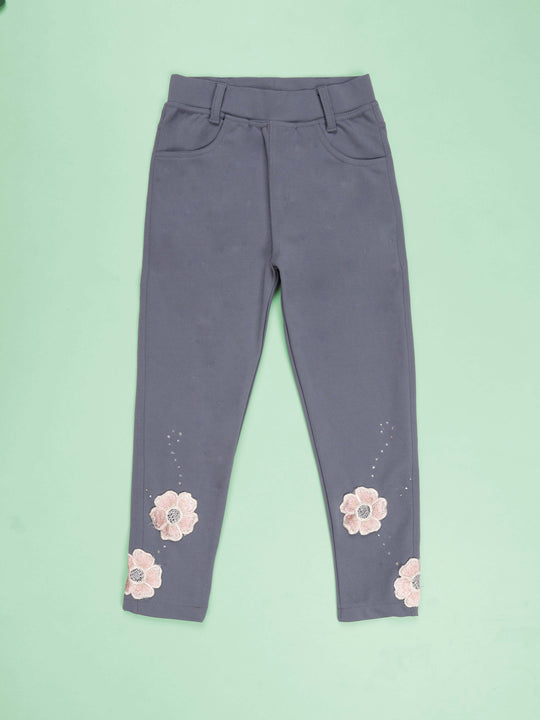 Kiddopanti Polyester Spandex Stones and Flower Appliques Twill Jegging Pant