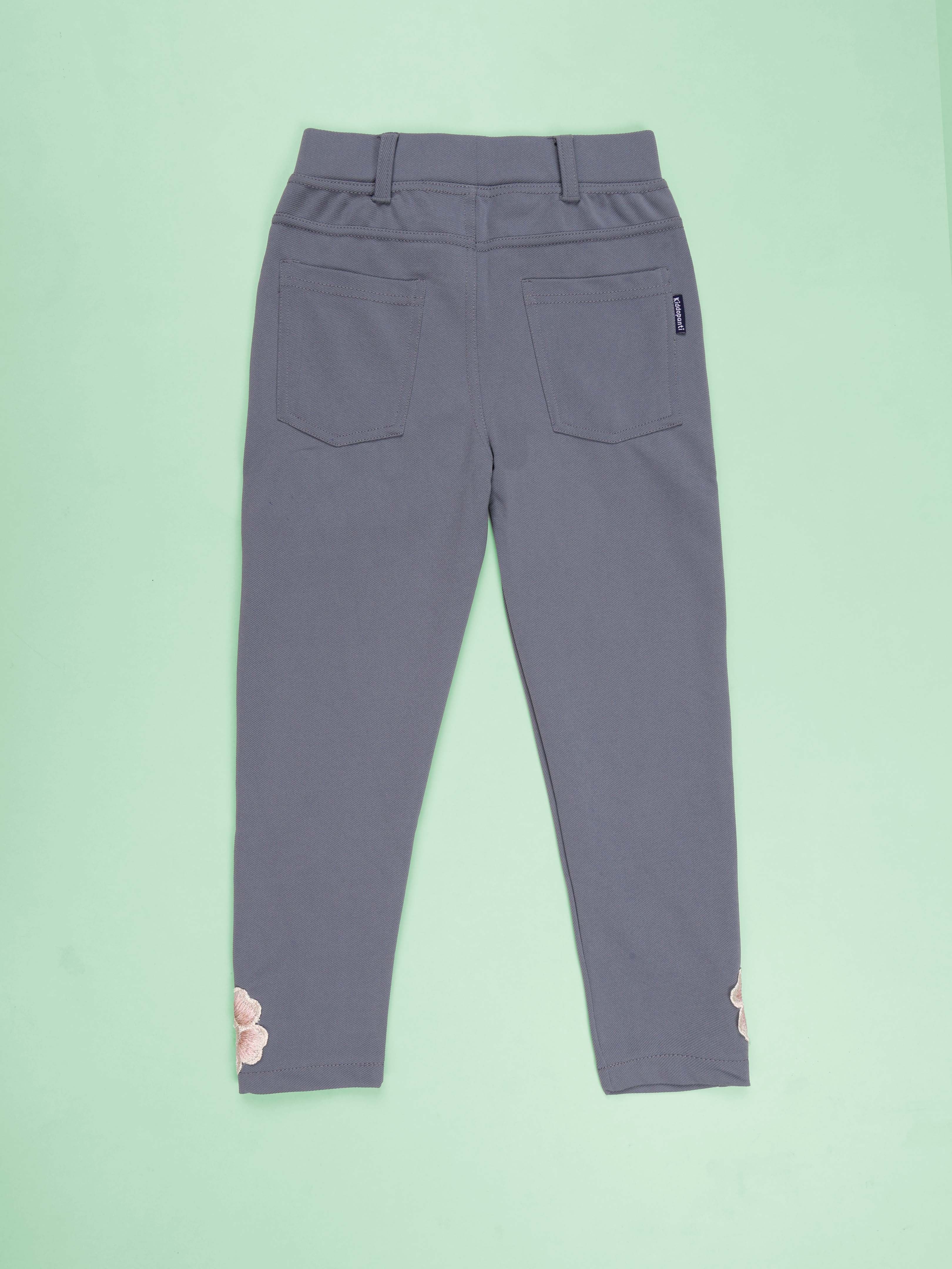 Kiddopanti Polyester Spandex Stones and Flower Appliques Twill Jegging Pant