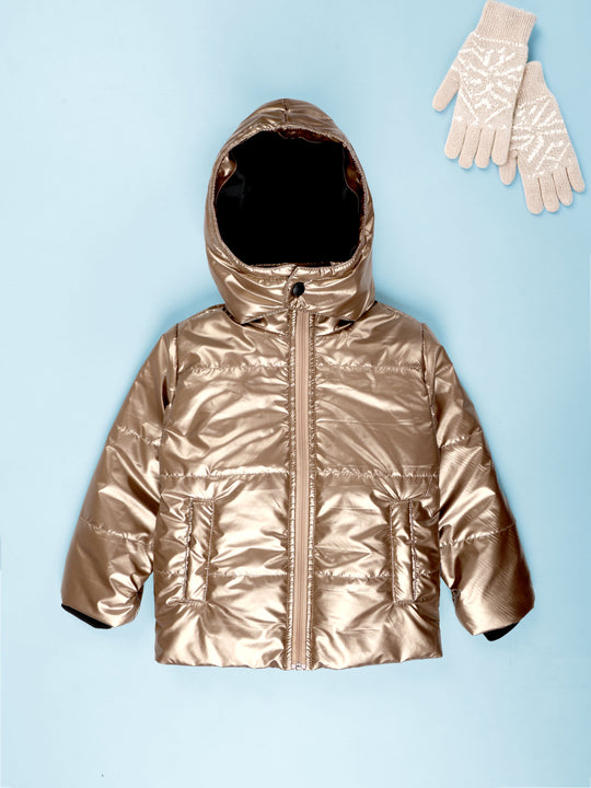 Kiddopanti Girls Hooded Puffer Jacket with Front Zip & Pockets