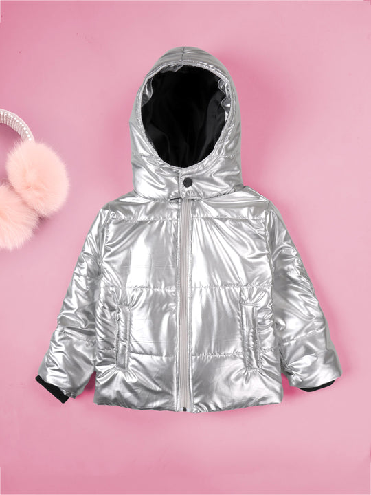 Kiddopanti Girls Hooded Puffer Jacket with Front Zip & Pockets