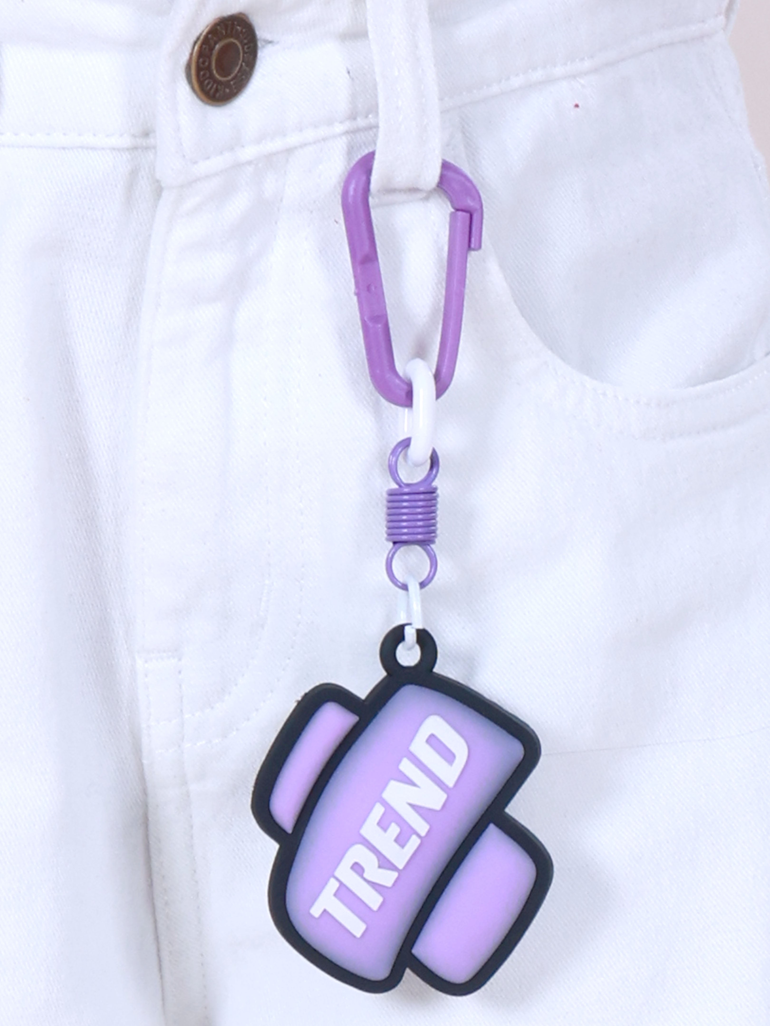 Girls Denim Woven Flared Solid Utility Cargo Pant With Trend Lavender Keychain