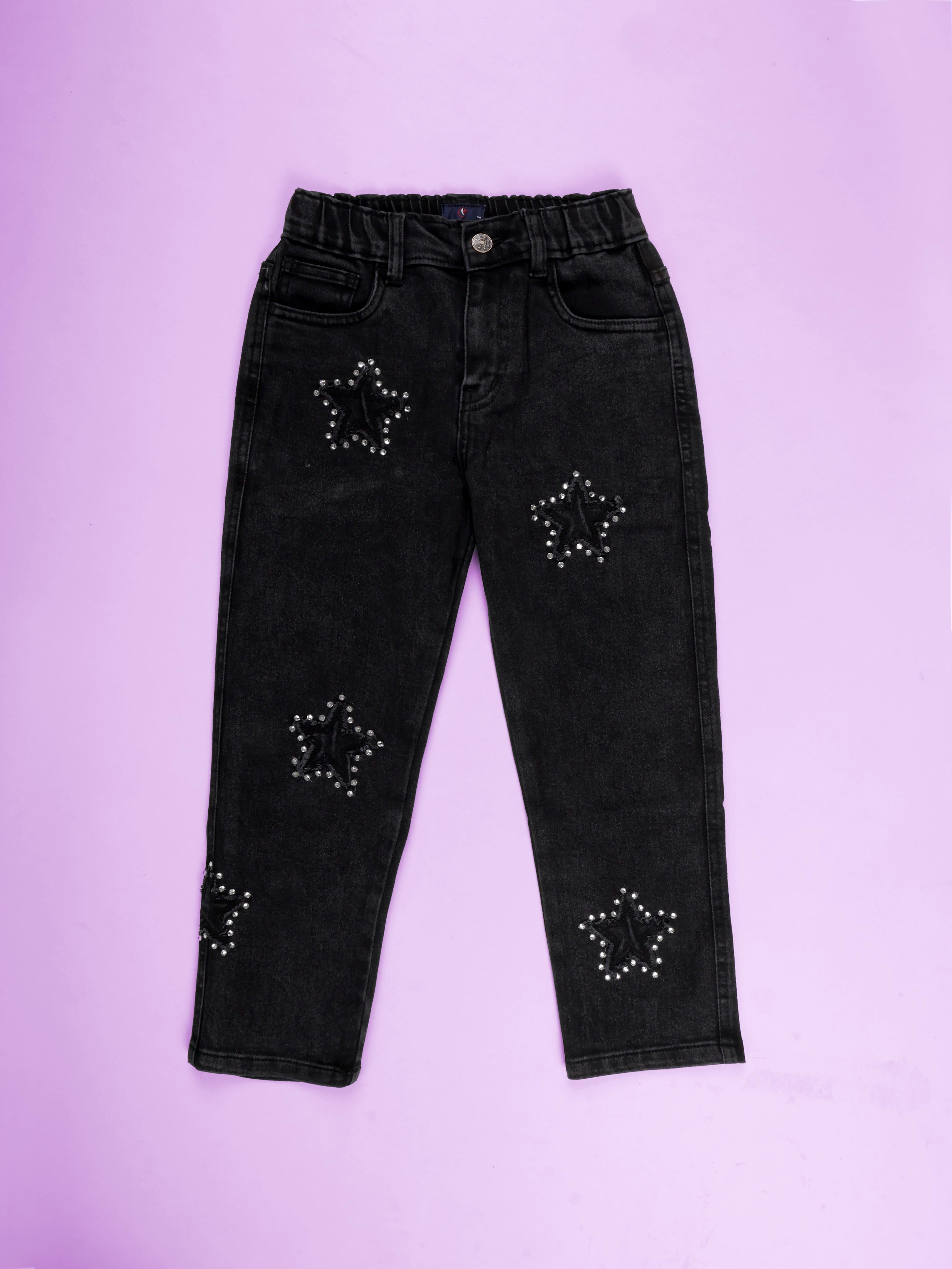 Kiddopanti Girls Full Length Frayed Star Patch Washed Denim Jeans With Elasticated Waistband