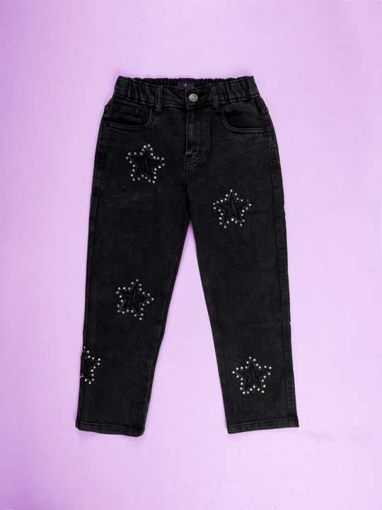 Kiddopanti Girls Full Length Frayed Star Patch Washed Denim Jeans With Elasticated Waistband