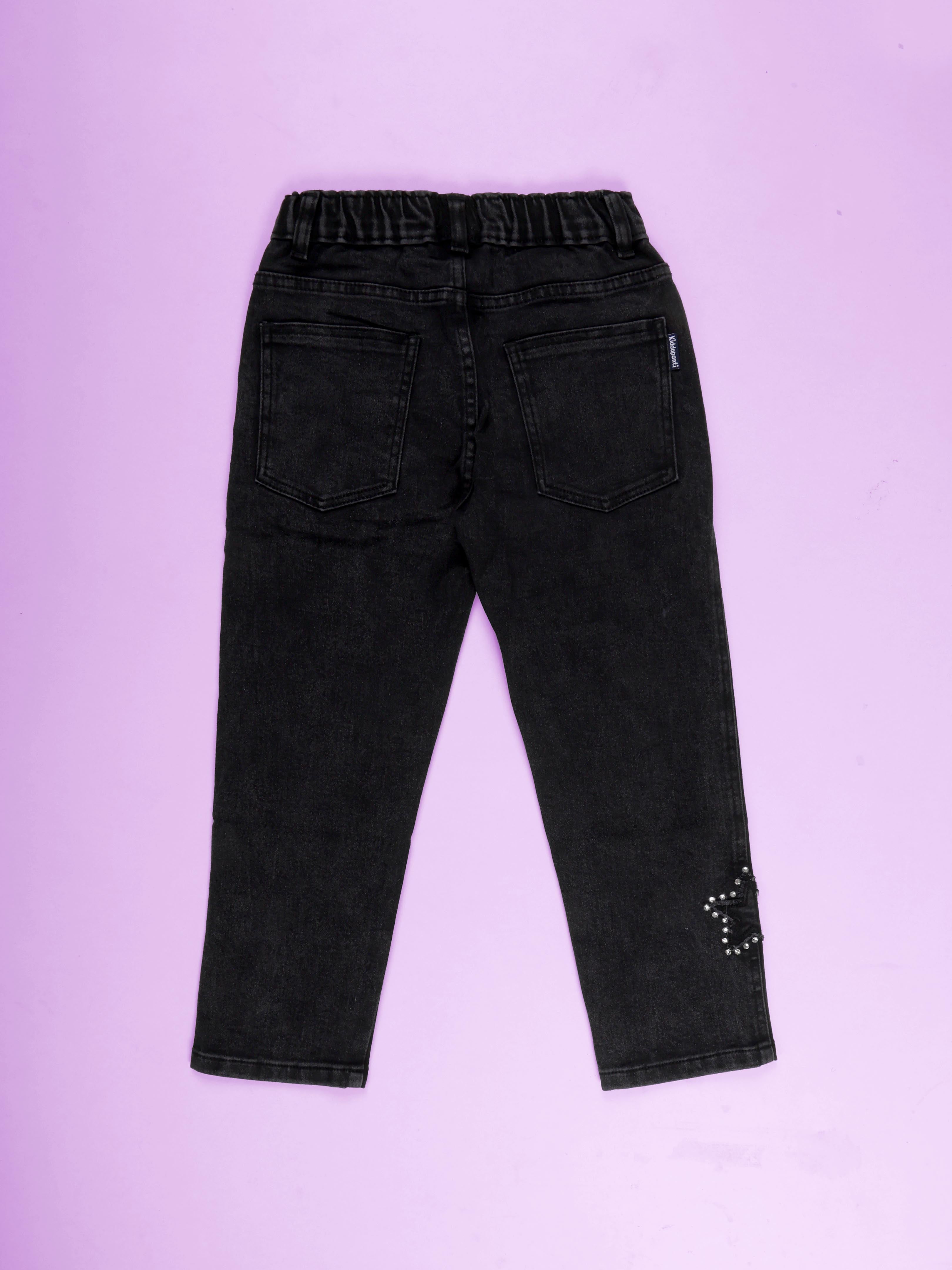 Kiddopanti Girls Full Length Frayed Star Patch Washed Denim Jeans With Elasticated Waistband