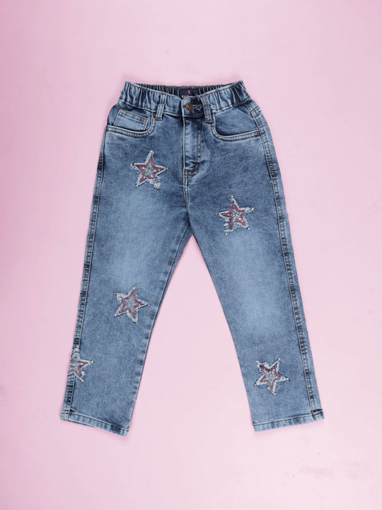 Kiddopanti Girls Full Length Frayed Star Patch Washed Denim Jeans With Elasticated Waistband