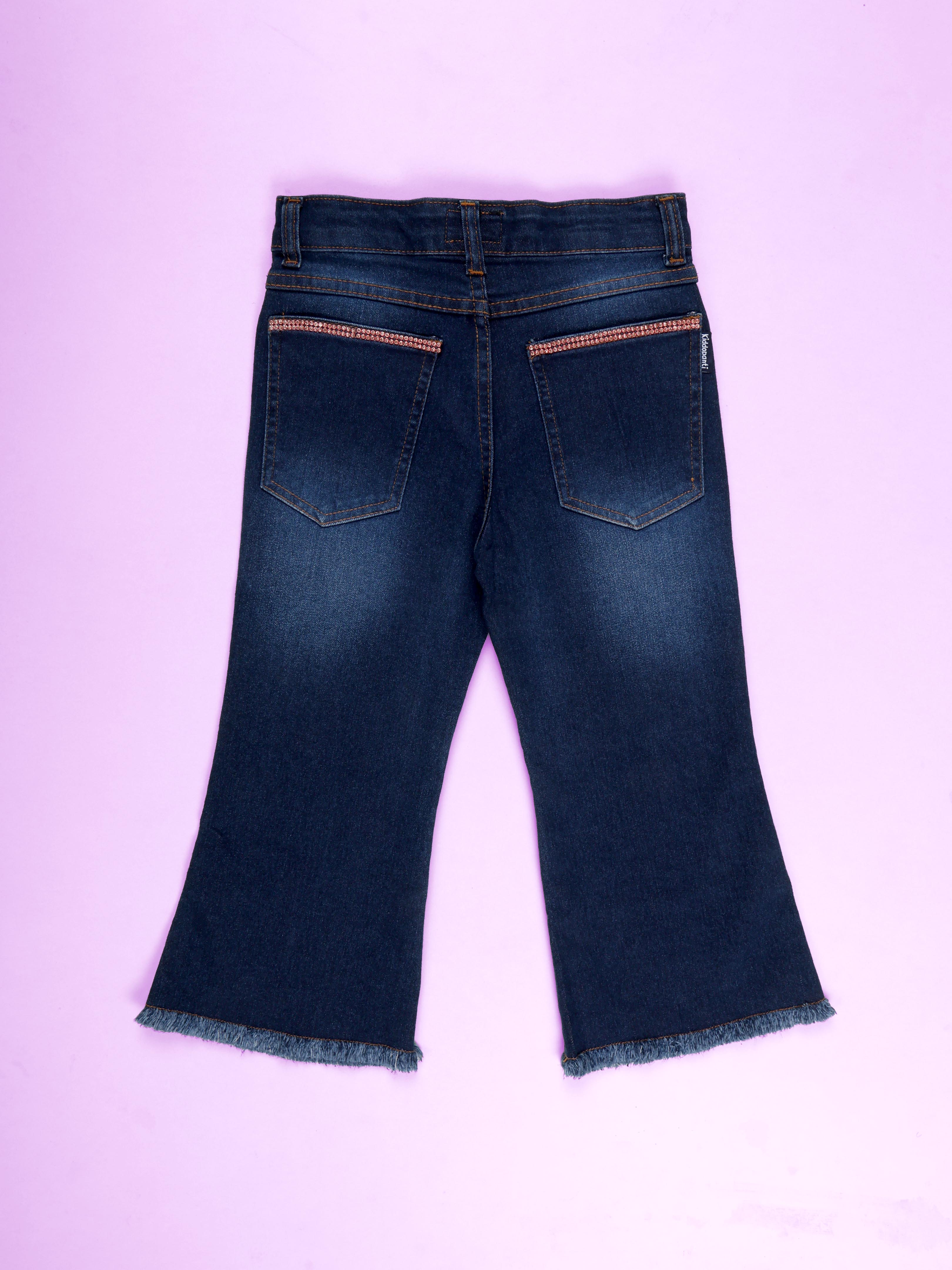 Kiddopanti Girls Bottom Flared Knee Distress Stretchable Denim Jeans With Adjustable Elastic Waist With Lace and Rhinestones