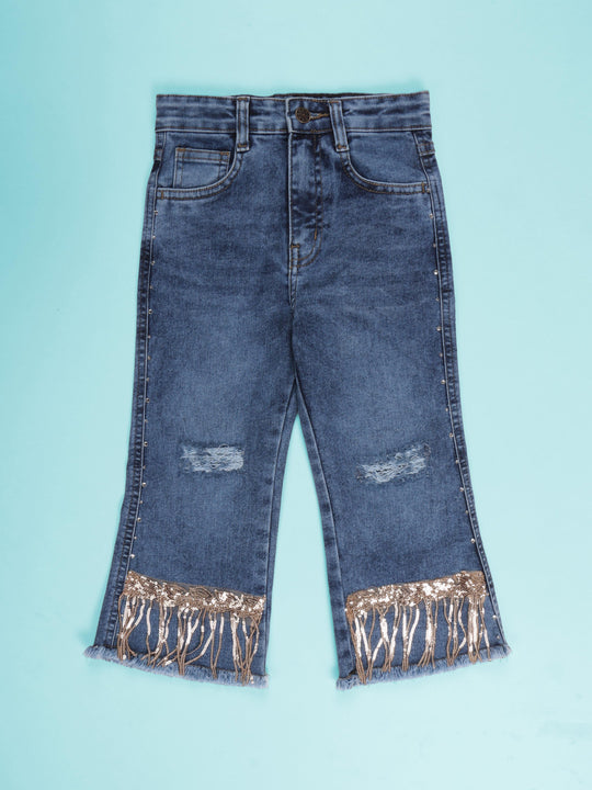 Kiddopanti Girls Bottom Flared Knee Distress Stretchable Denim Jeans With Adjustable Elastic Waist With Lace and Rhinestones