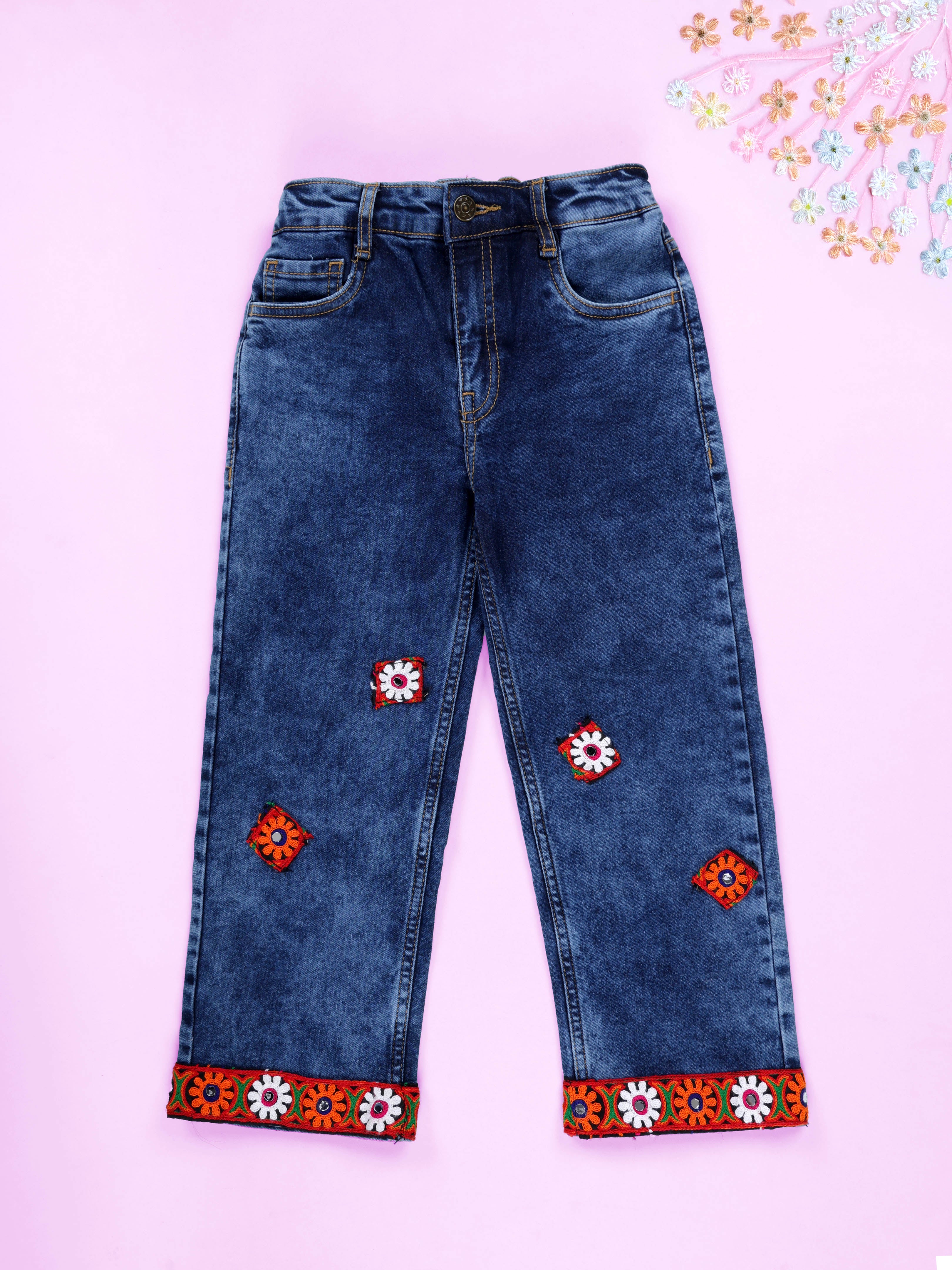 Kiddopanti Girls Denim Woven Ethnic Lace Straight Fit Solid Jeans