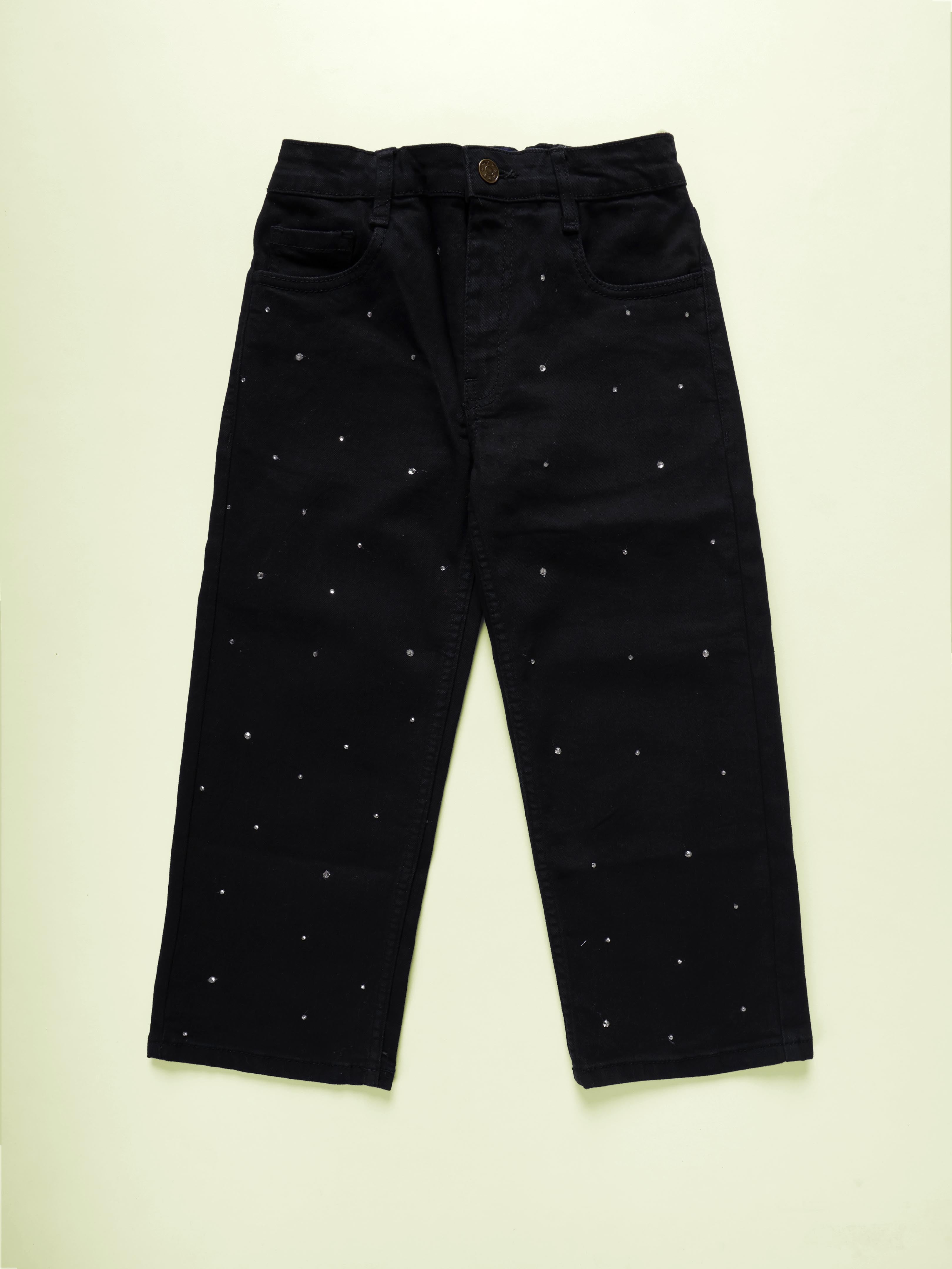 Kiddopanti Girls Straight Fit Denim Jeans With Rhinestones