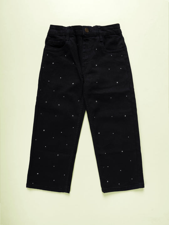Kiddopanti Girls Straight Fit Denim Jeans With Rhinestones