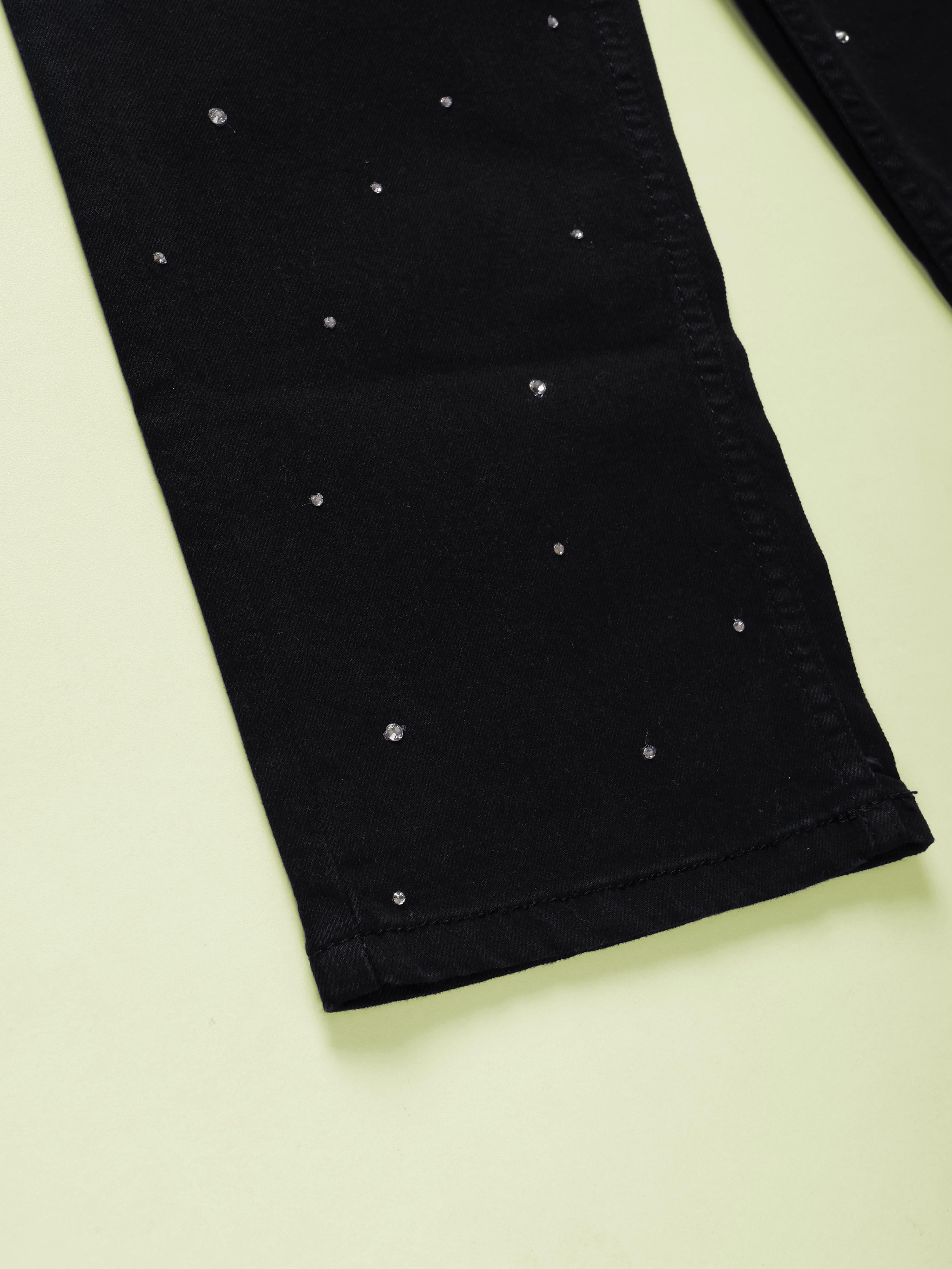 Kiddopanti Girls Straight Fit Denim Jeans With Rhinestones