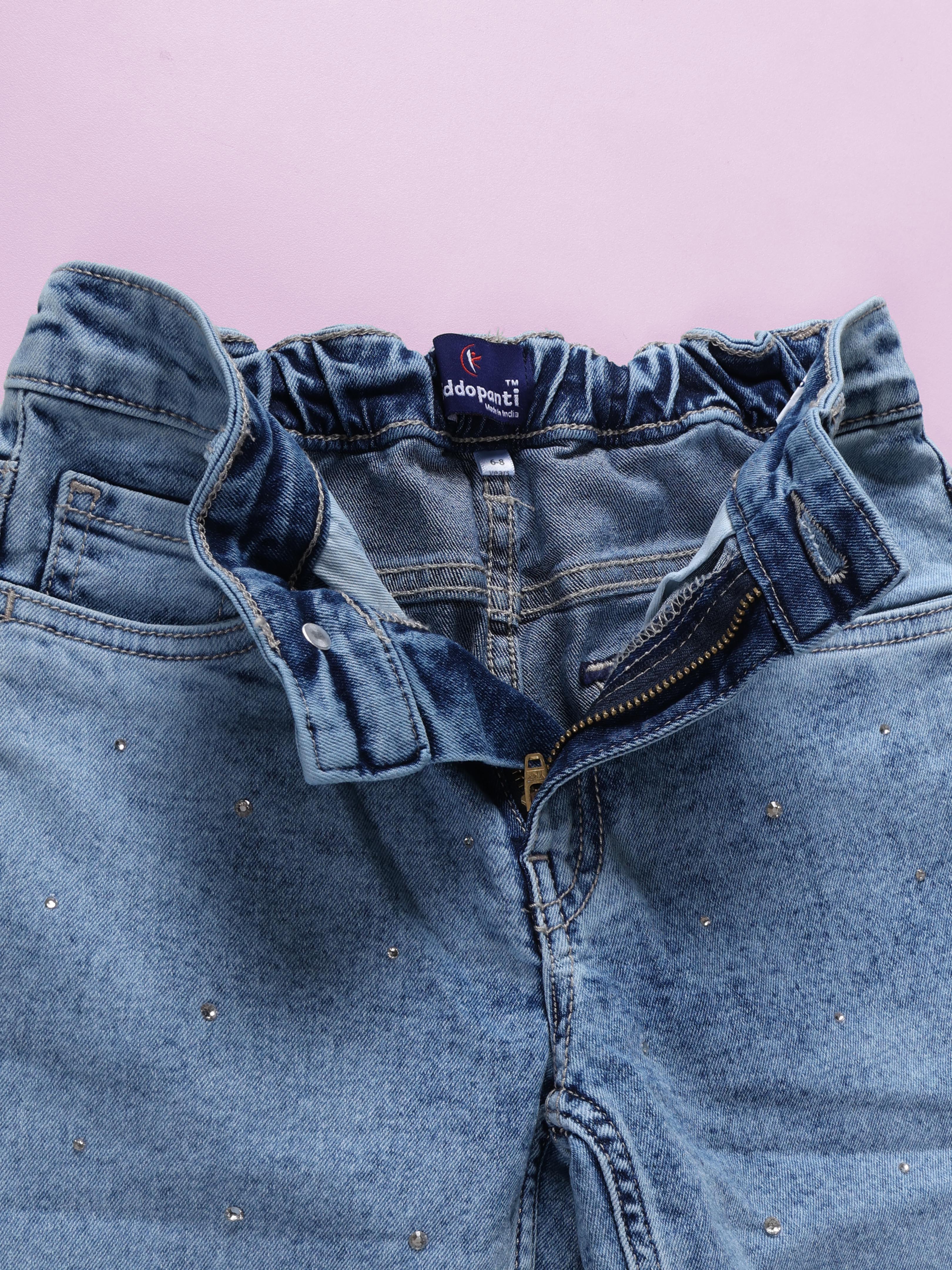 Kiddopanti Girls Straight Fit Denim Jeans With Rhinestones