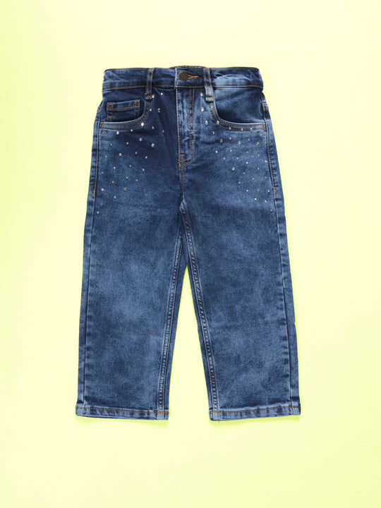 Kiddopanti Girls Straight Fit Denim Jeans With Rhinestones