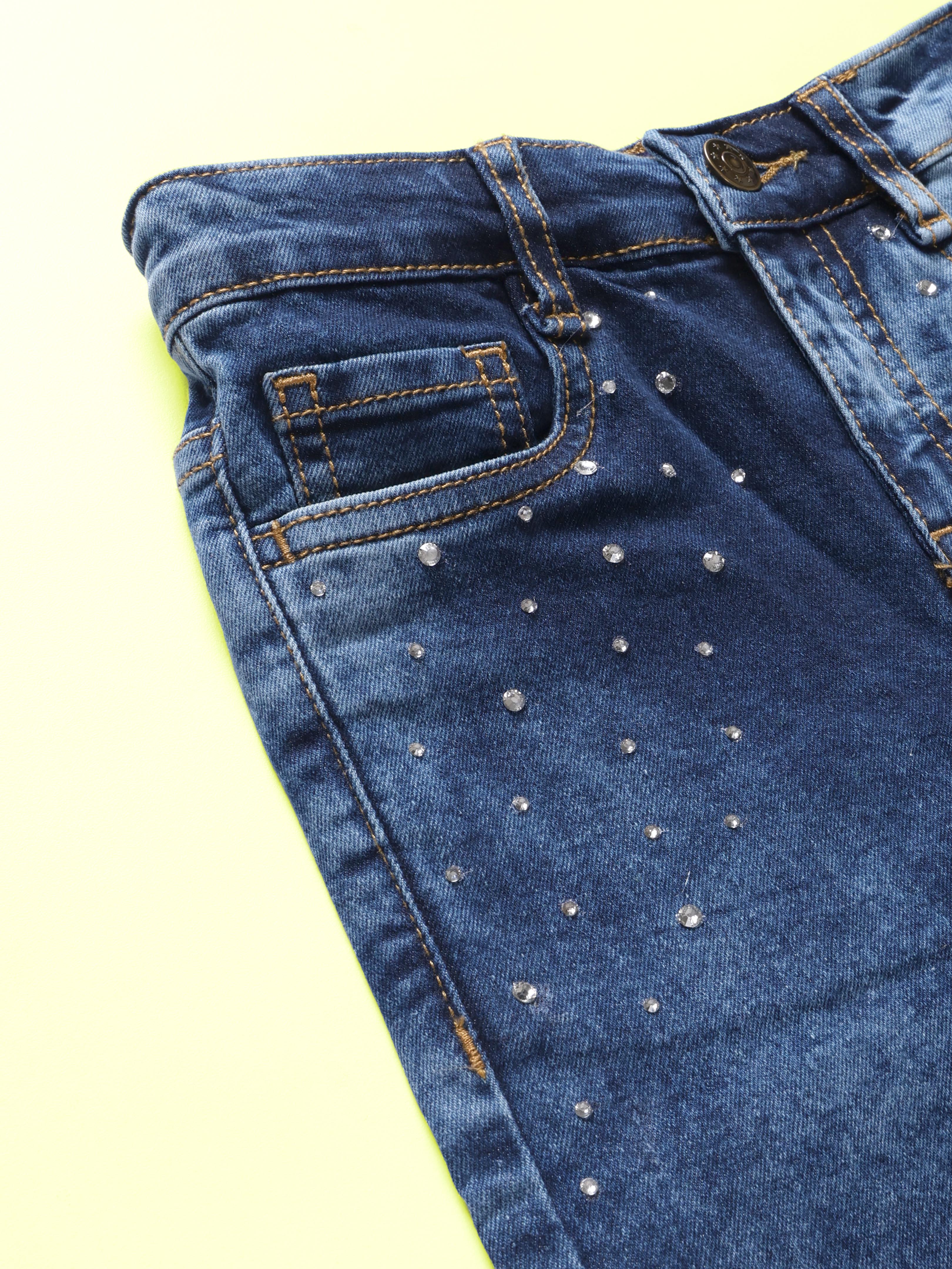 Kiddopanti Girls Straight Fit Denim Jeans With Rhinestones