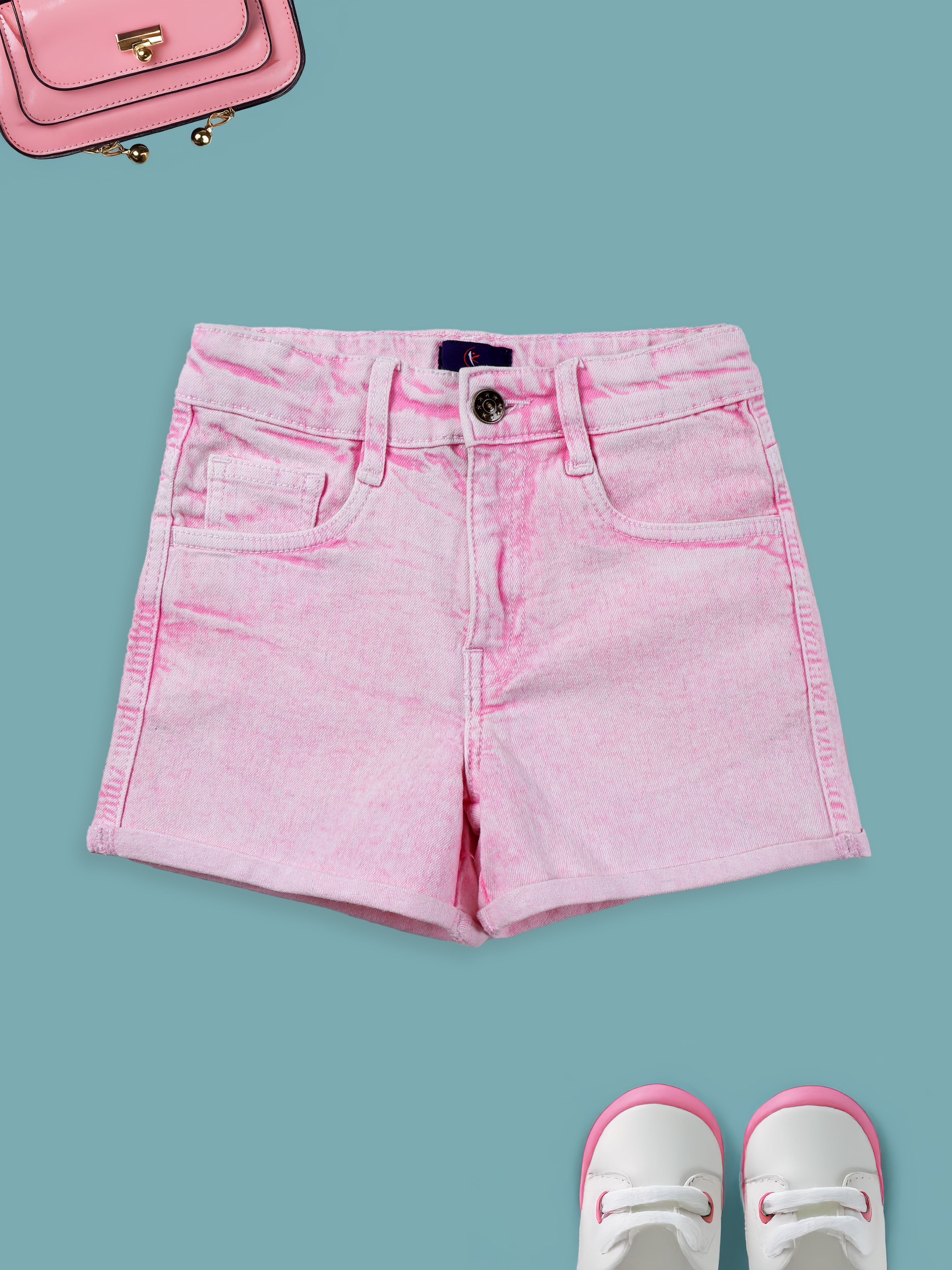 Girls Denim Woven Solid Roll Up Shorts