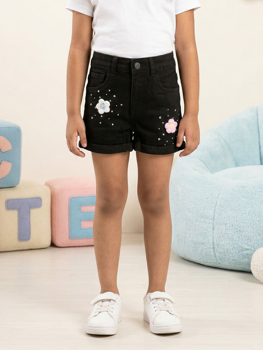 Girls Rollup Denim Shorts With Flowers and Appliques