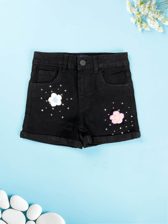 Girls Rollup Denim Shorts With Flowers and Appliques