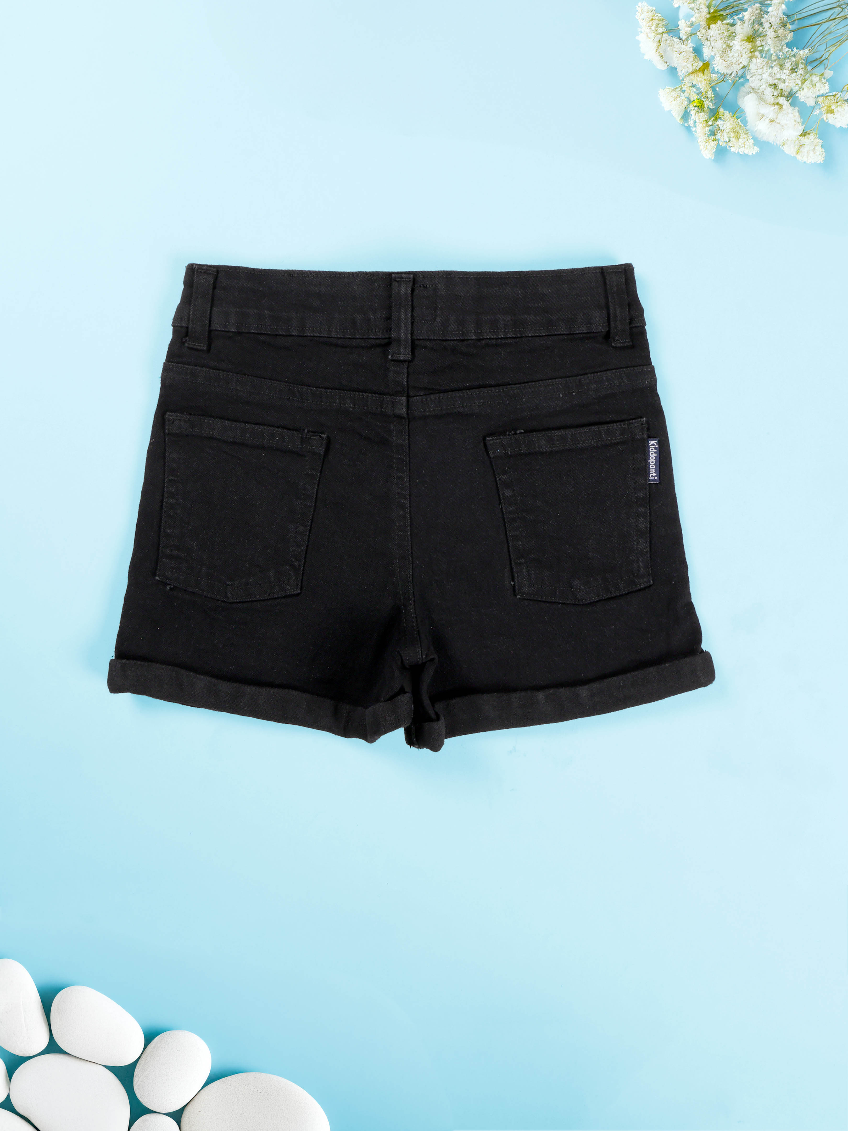 Girls Rollup Denim Shorts With Flowers and Appliques