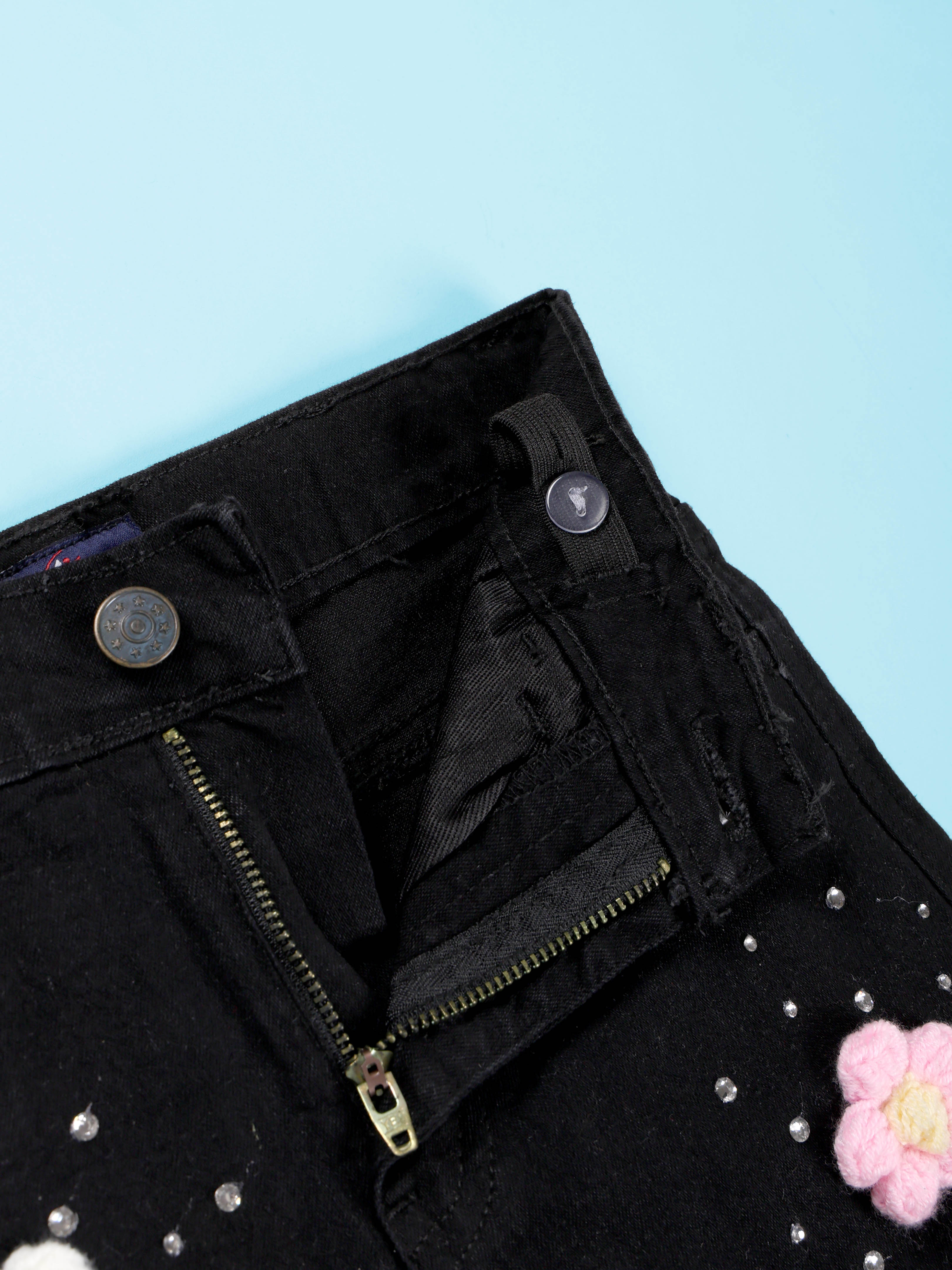 Girls Rollup Denim Shorts With Flowers and Appliques