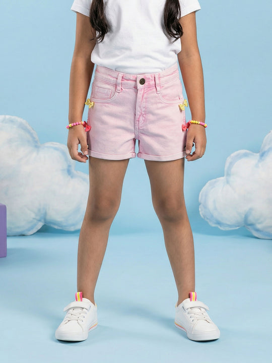 Girls Rollup Denim Shorts With Flowers and Appliques